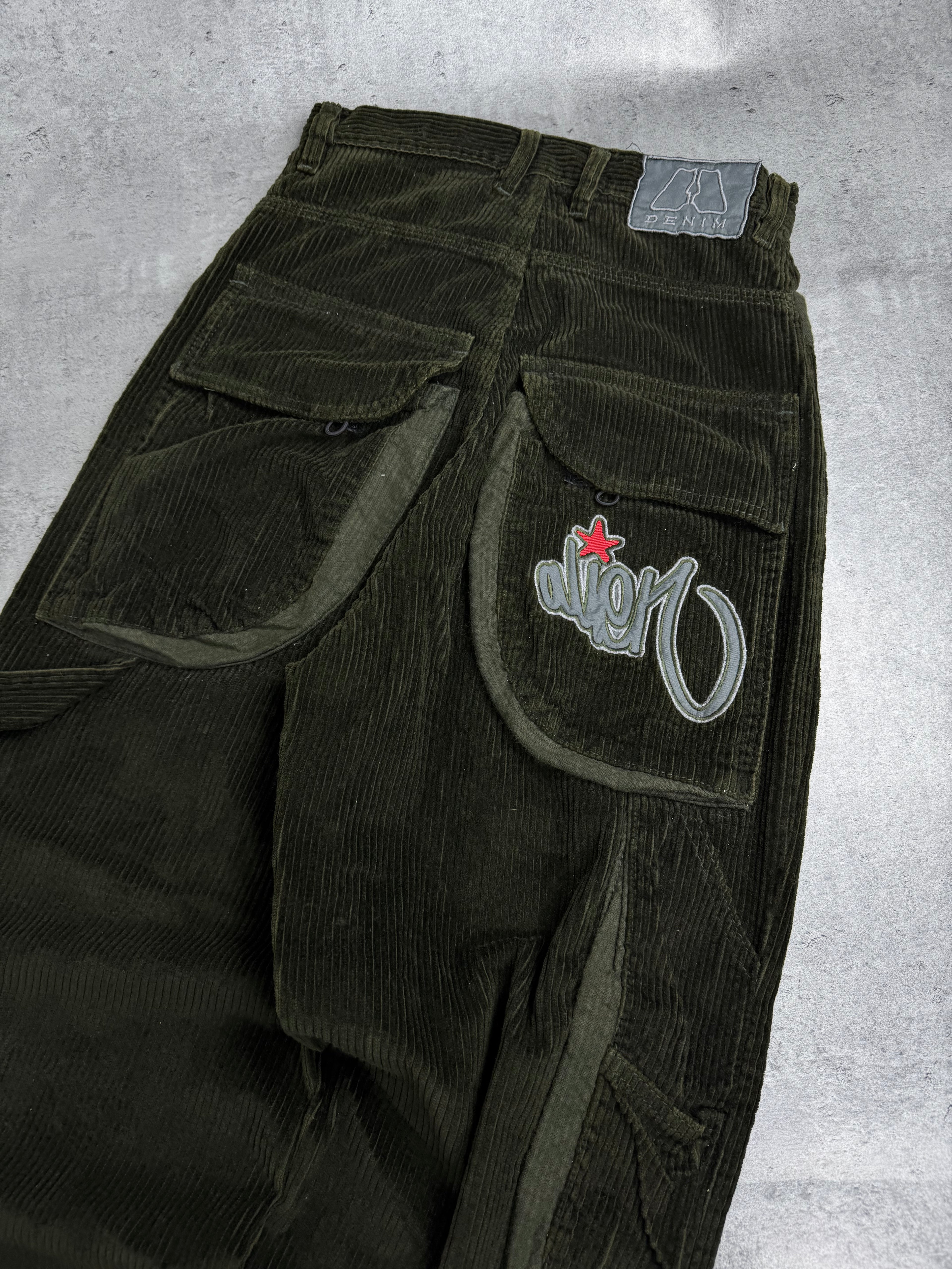 Alien Rare Y2K Corduroy Baggy Pants Szerokie Spodnie Luźne UFO 2000s sztruksowe embroidery skater