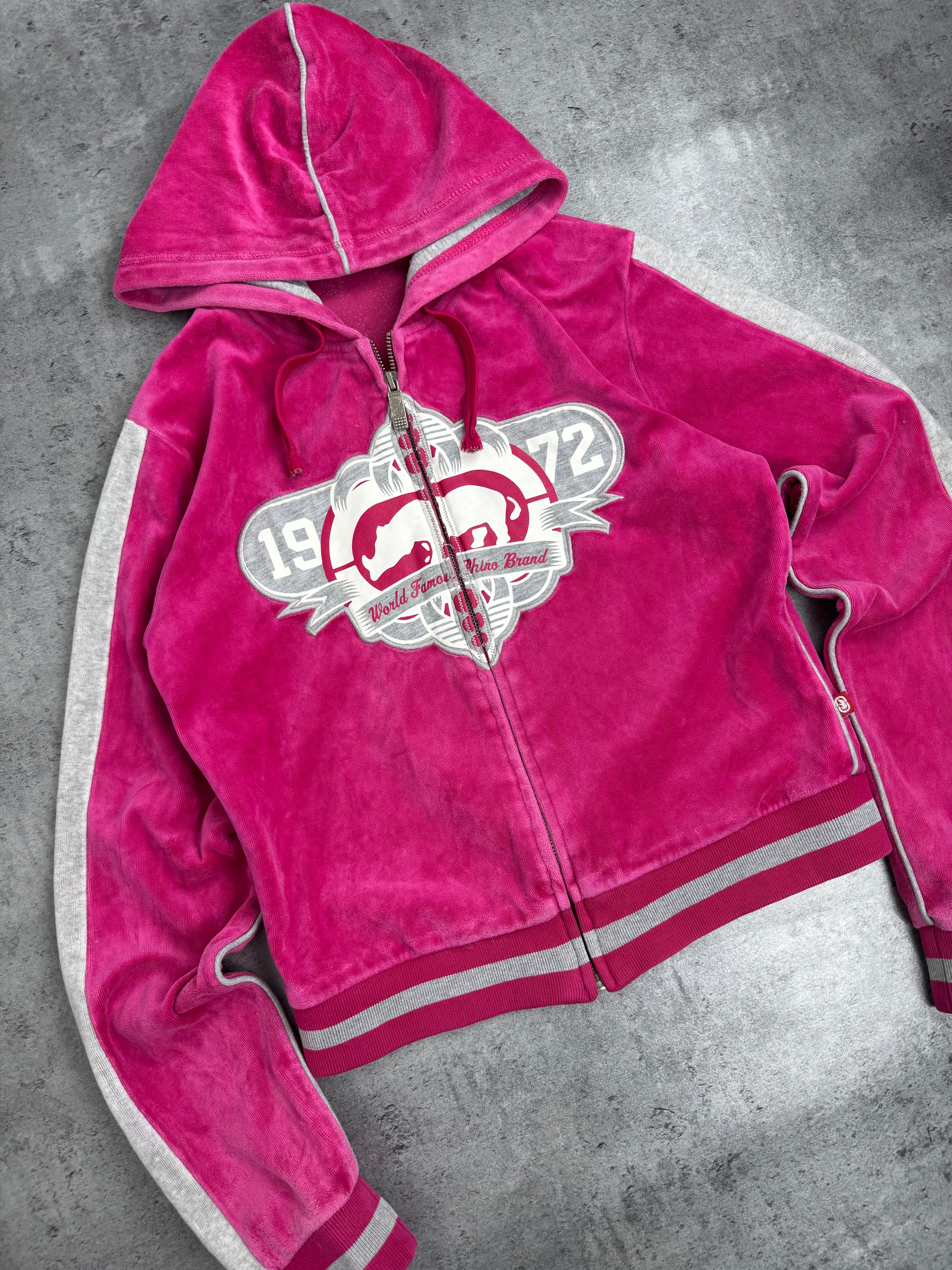Ecko Unltd Red Damska Bluza z Kapturem Welurowa Spellout y2k rozpinana Skater 2000s
