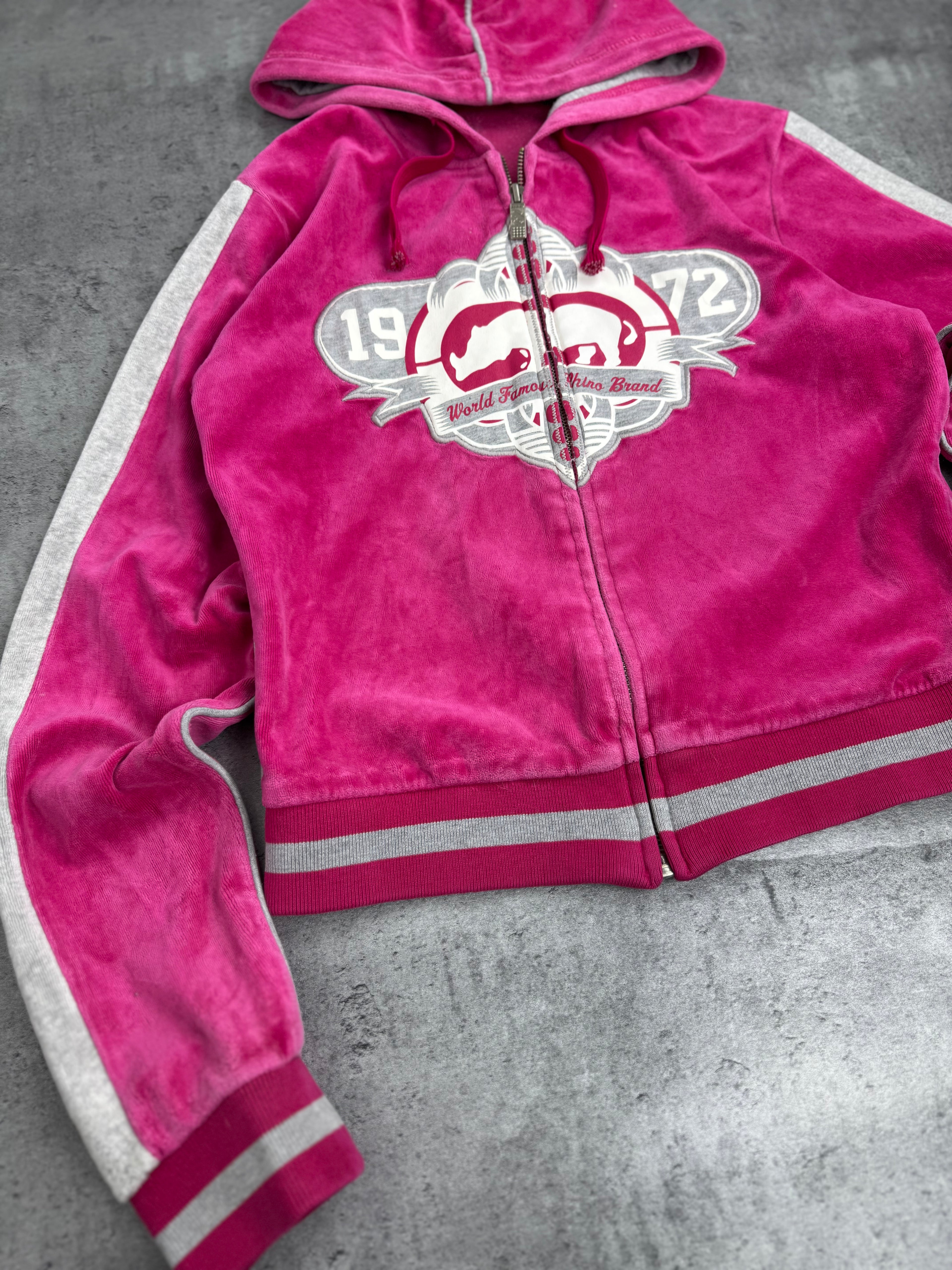 Ecko Unltd Red Damska Bluza z Kapturem Welurowa Spellout y2k rozpinana Skater 2000s