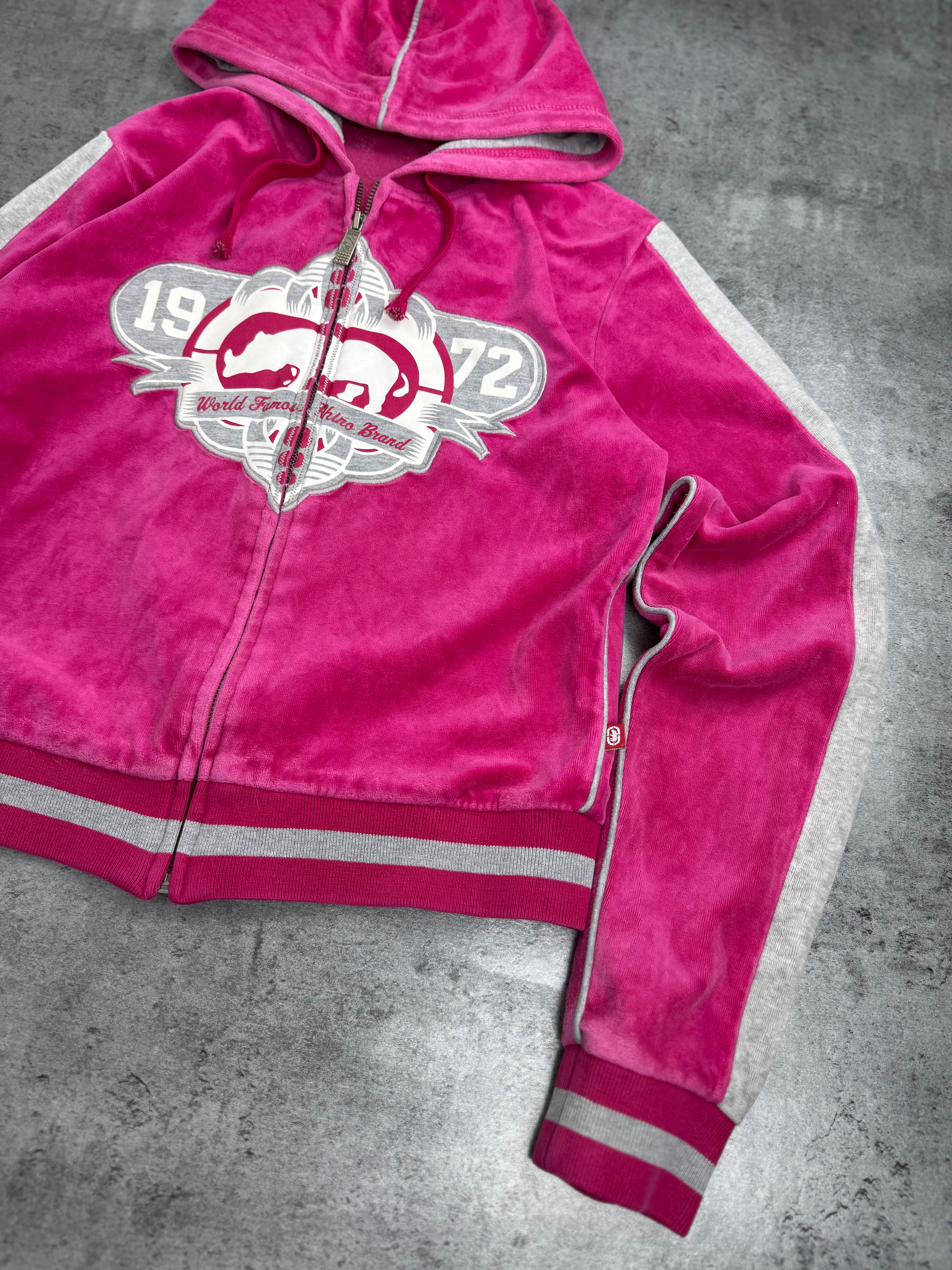 Ecko Unltd Red Damska Bluza z Kapturem Welurowa Spellout y2k rozpinana Skater 2000s