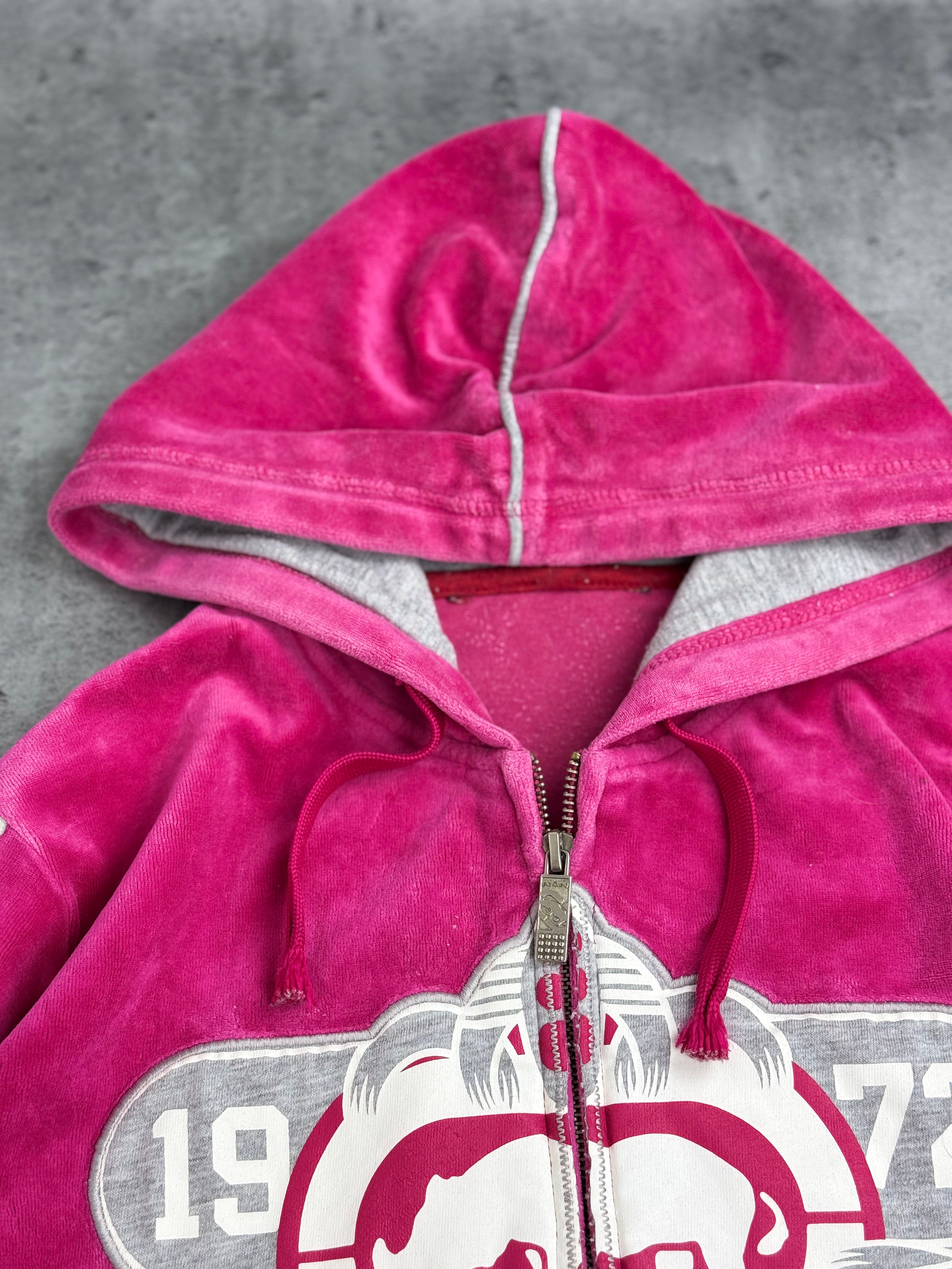 Ecko Unltd Red Damska Bluza z Kapturem Welurowa Spellout y2k rozpinana Skater 2000s