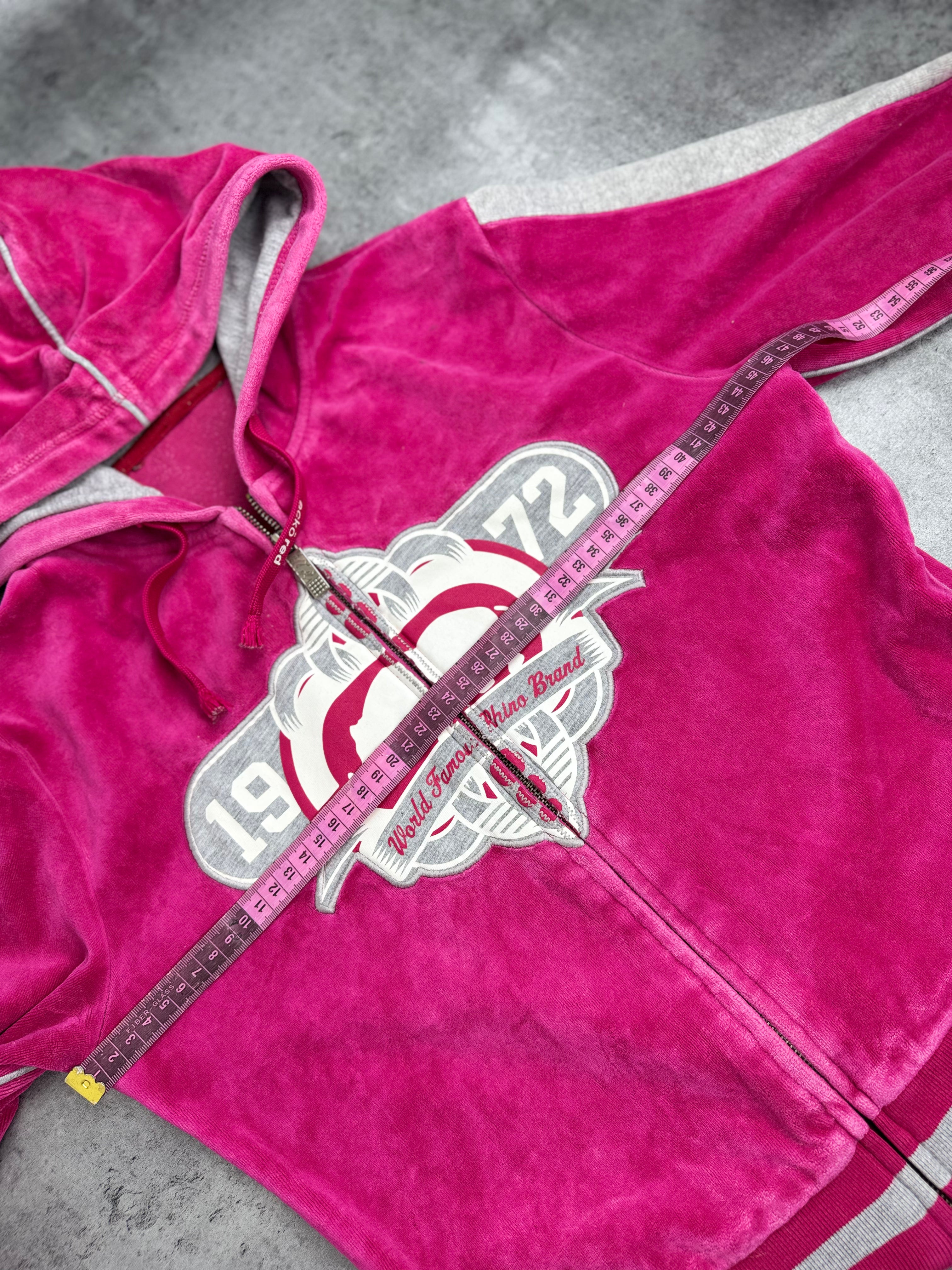 Ecko Unltd Red Damska Bluza z Kapturem Welurowa Spellout y2k rozpinana Skater 2000s