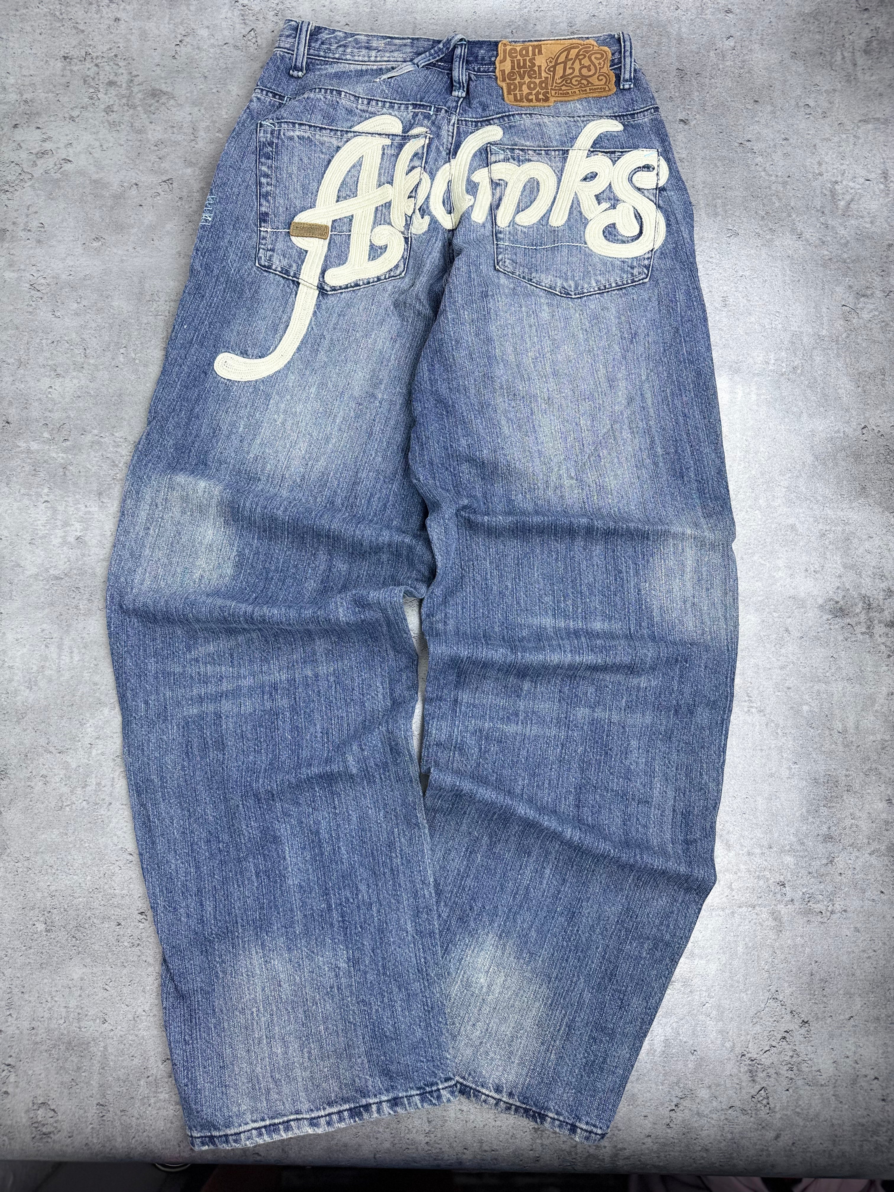 Y2K AKADEMIKS Baggy 2000s Jeans Wide Leg Luźne Spodnie Jeansowe Amerykańskie Vintage