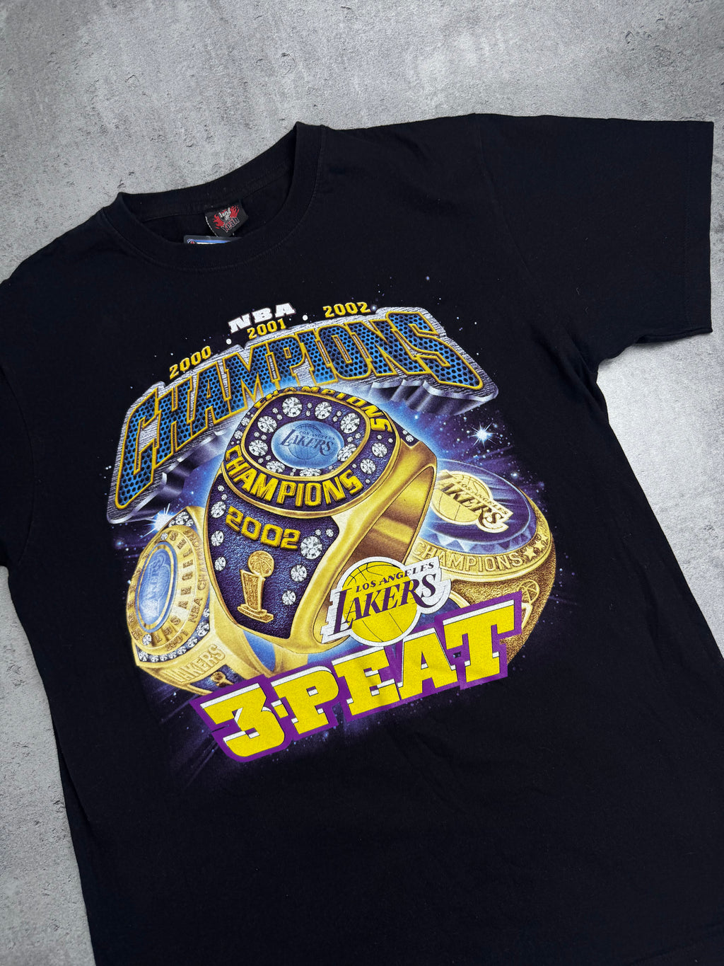Shaq & Kobe Three Peat Rap Tee Koszulka Los Angeles Lakers 2000 2001 2002 Rare Vintage Championship