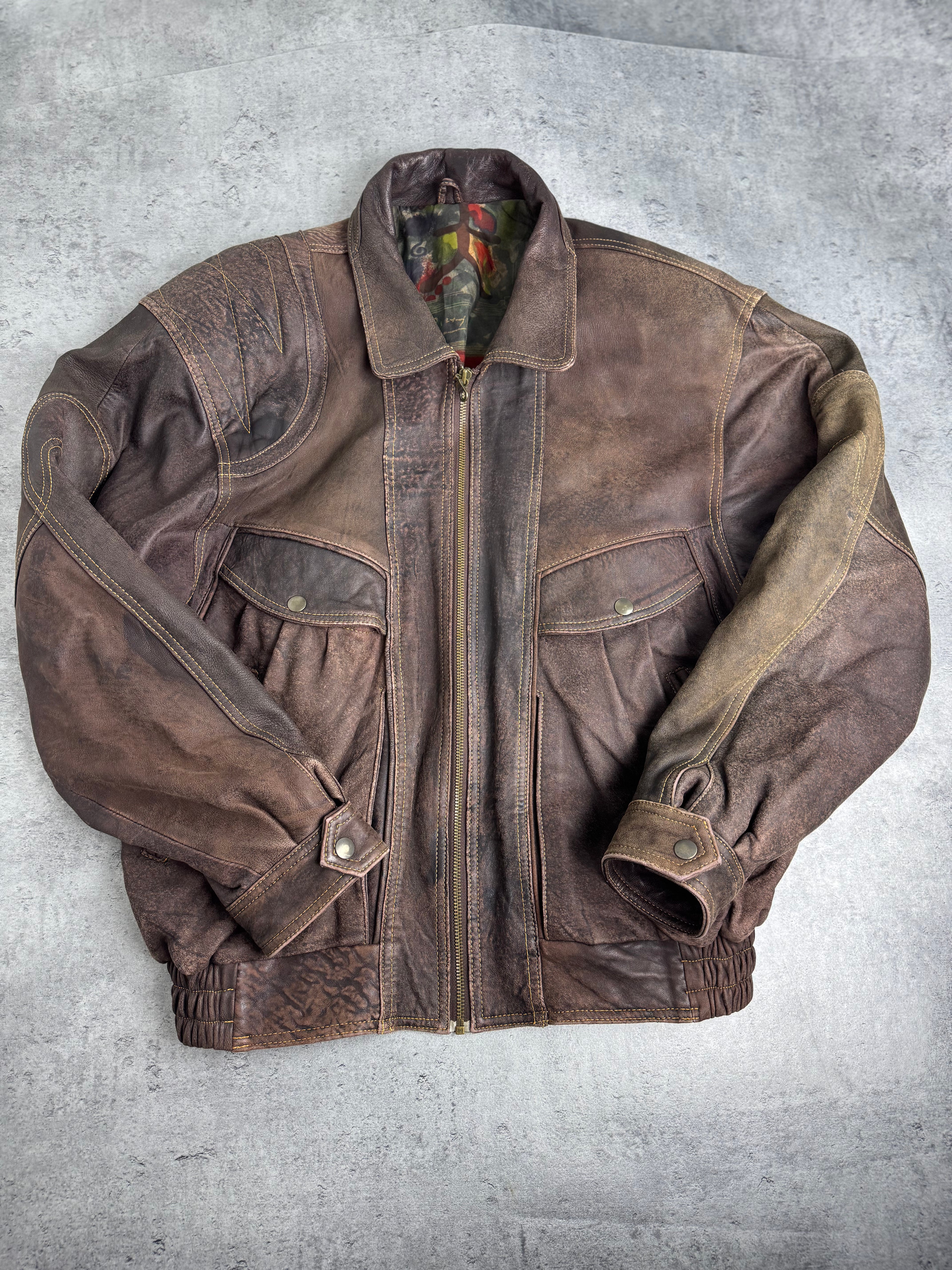 Skóra Naturalna 90s Kurtka Skórzana Bomberka Boxy Pilotka Vintage z kolorową podszewką