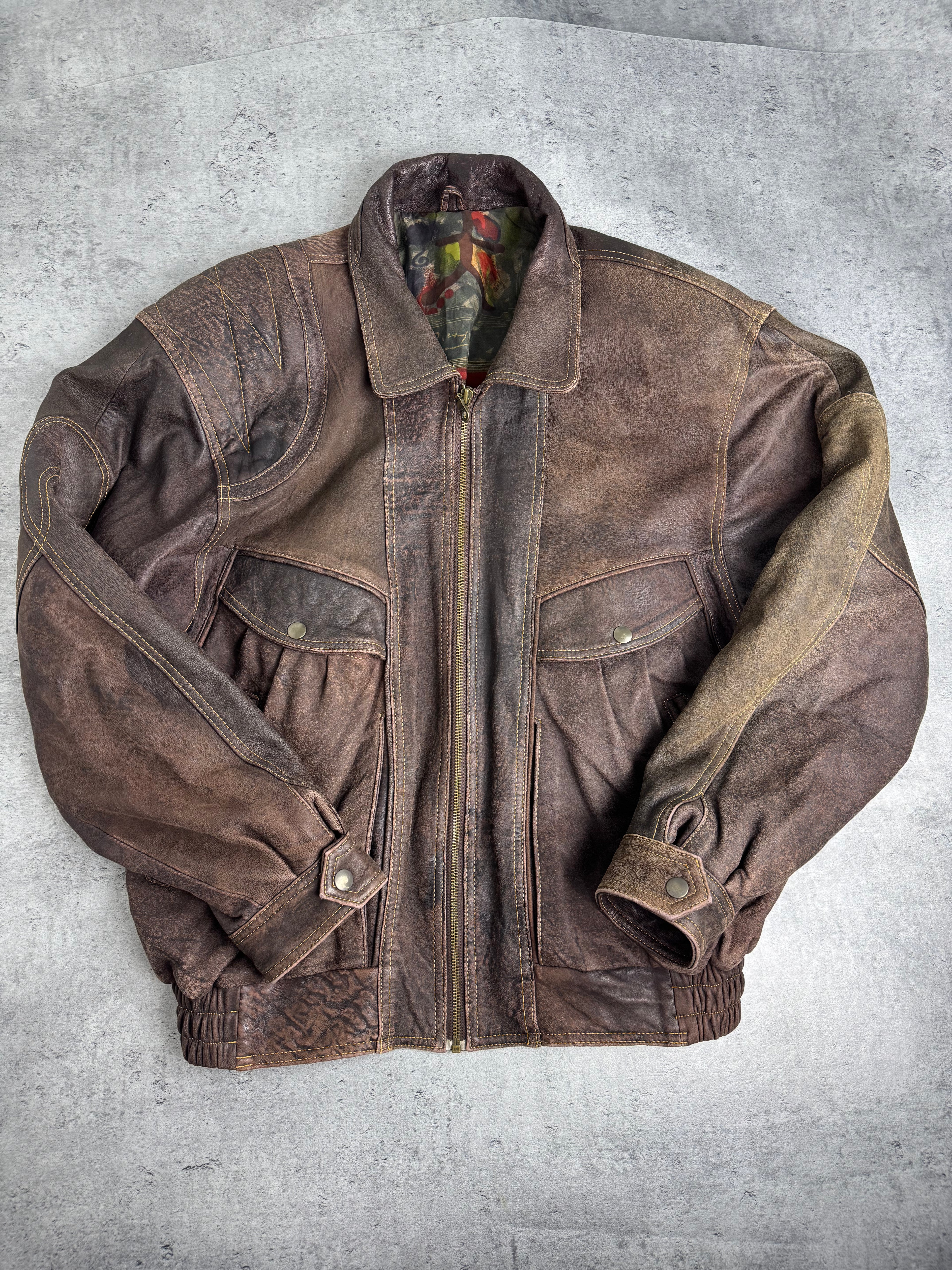 Skóra Naturalna 90s Kurtka Skórzana Bomberka Boxy Pilotka Vintage z kolorową podszewką
