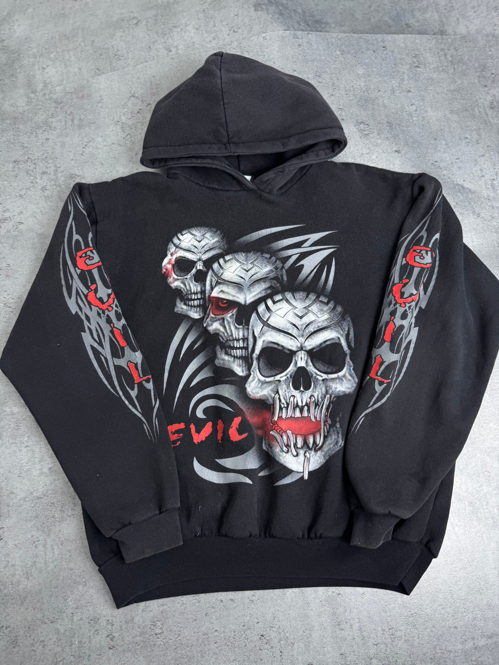 Triple Skull Evil Tribal Hoodie Double Sided Graphic Bluza z Kapturem Rare Y2K