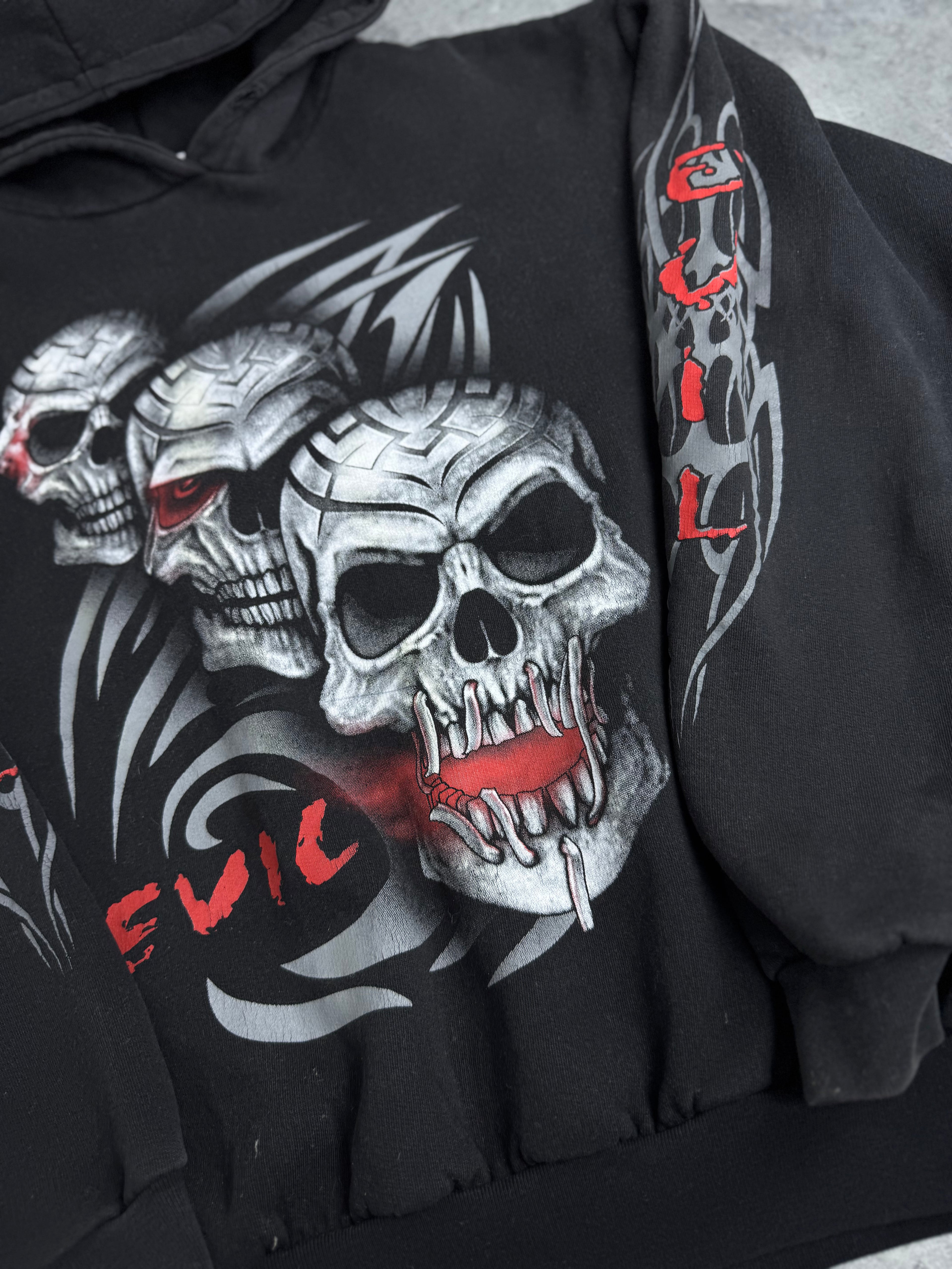 Triple Skull Evil Tribal Hoodie Double Sided Graphic Bluza z Kapturem Rare Y2K