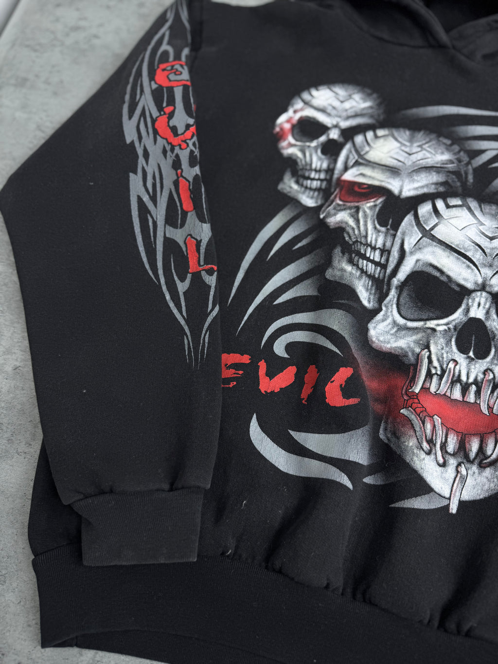 Triple Skull Evil Tribal Hoodie Double Sided Graphic Bluza z Kapturem Rare Y2K