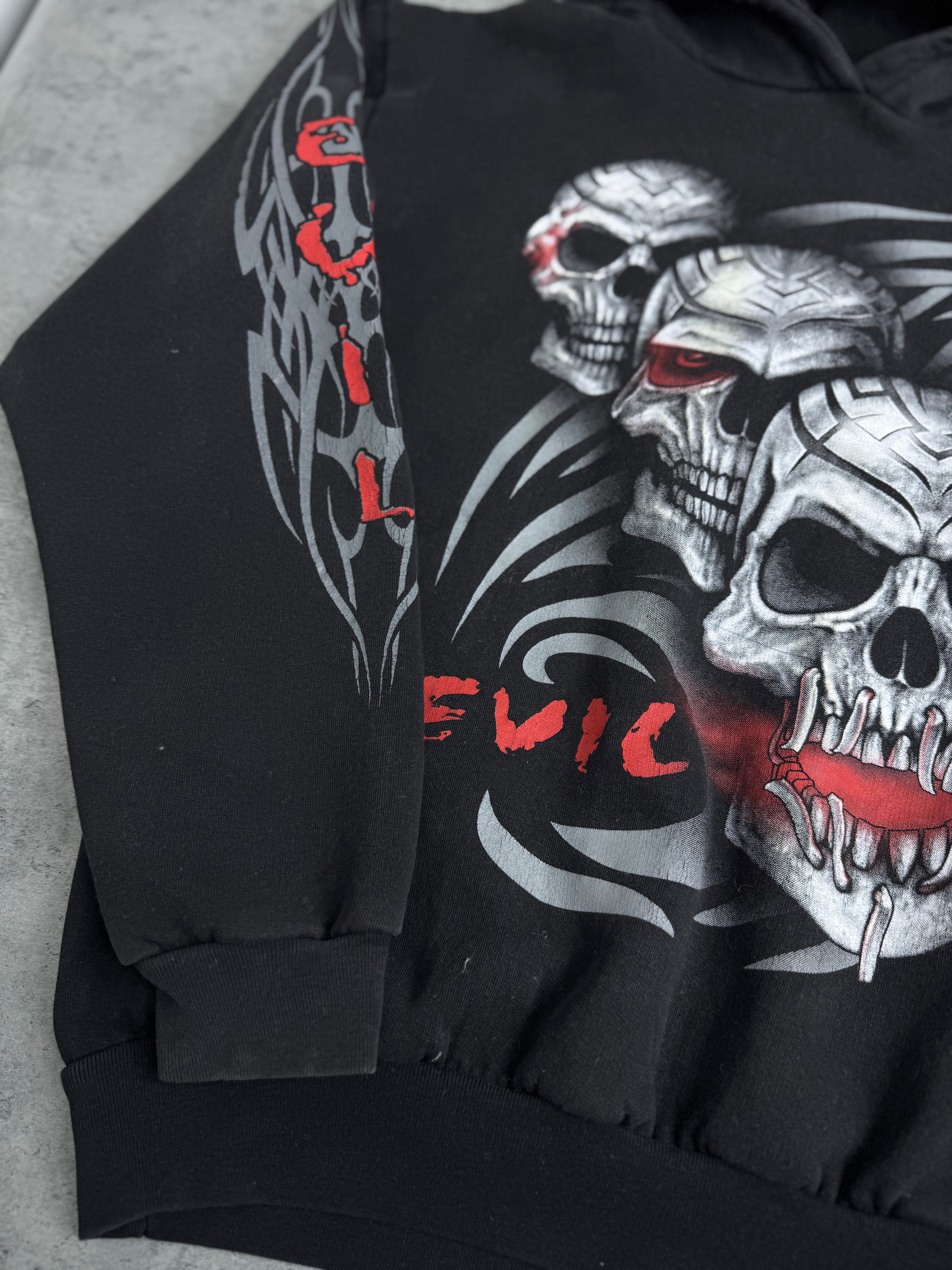 Triple Skull Evil Tribal Hoodie Double Sided Graphic Bluza z Kapturem Rare Y2K
