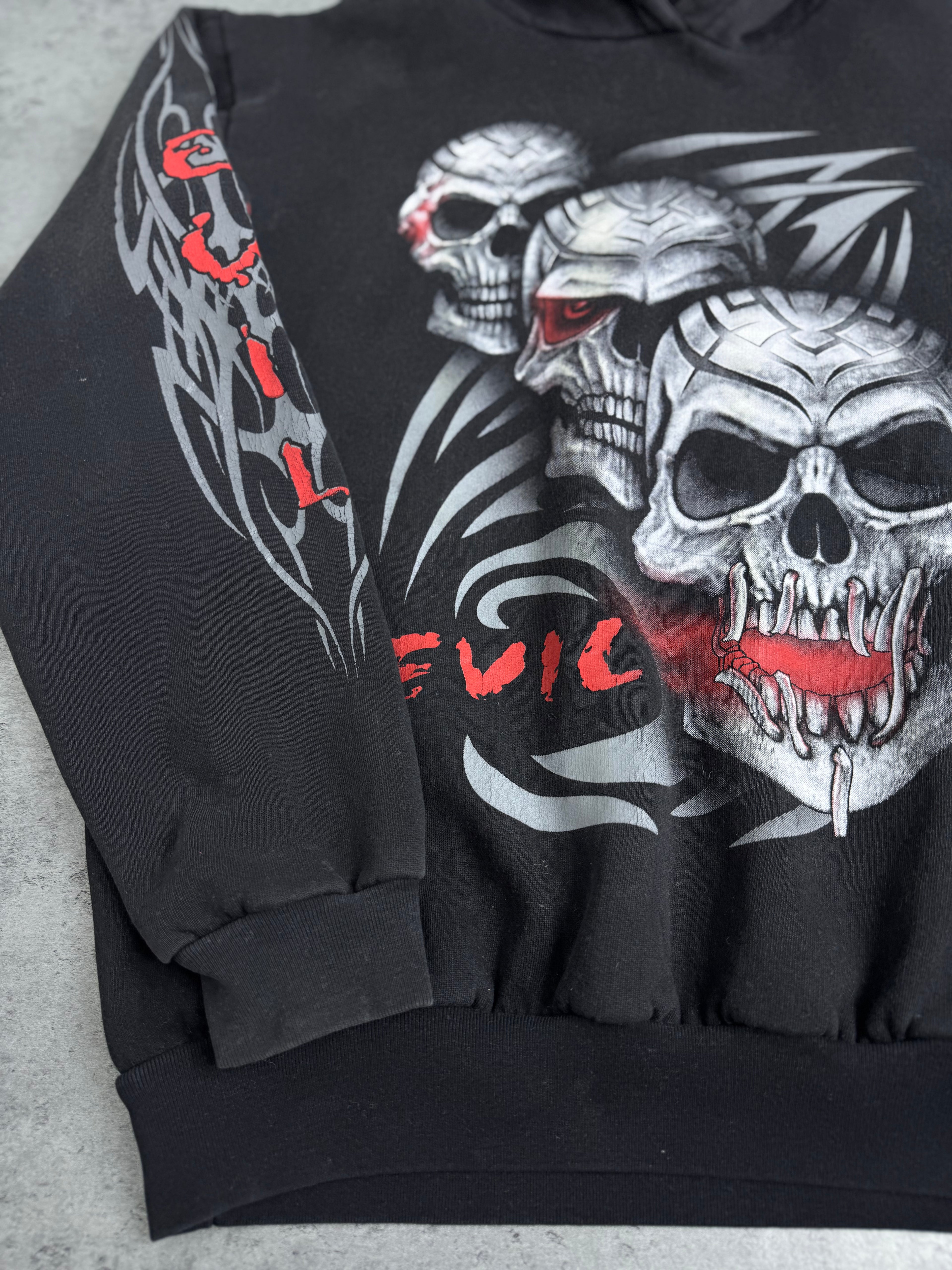 Triple Skull Evil Tribal Hoodie Double Sided Graphic Bluza z Kapturem Rare Y2K