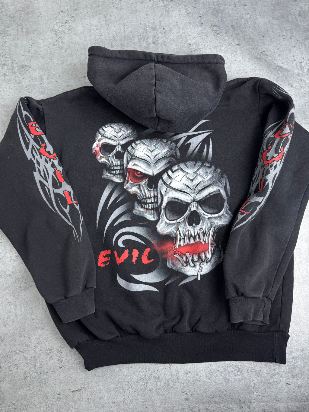 Triple Skull Evil Tribal Hoodie Double Sided Graphic Bluza z Kapturem Rare Y2K