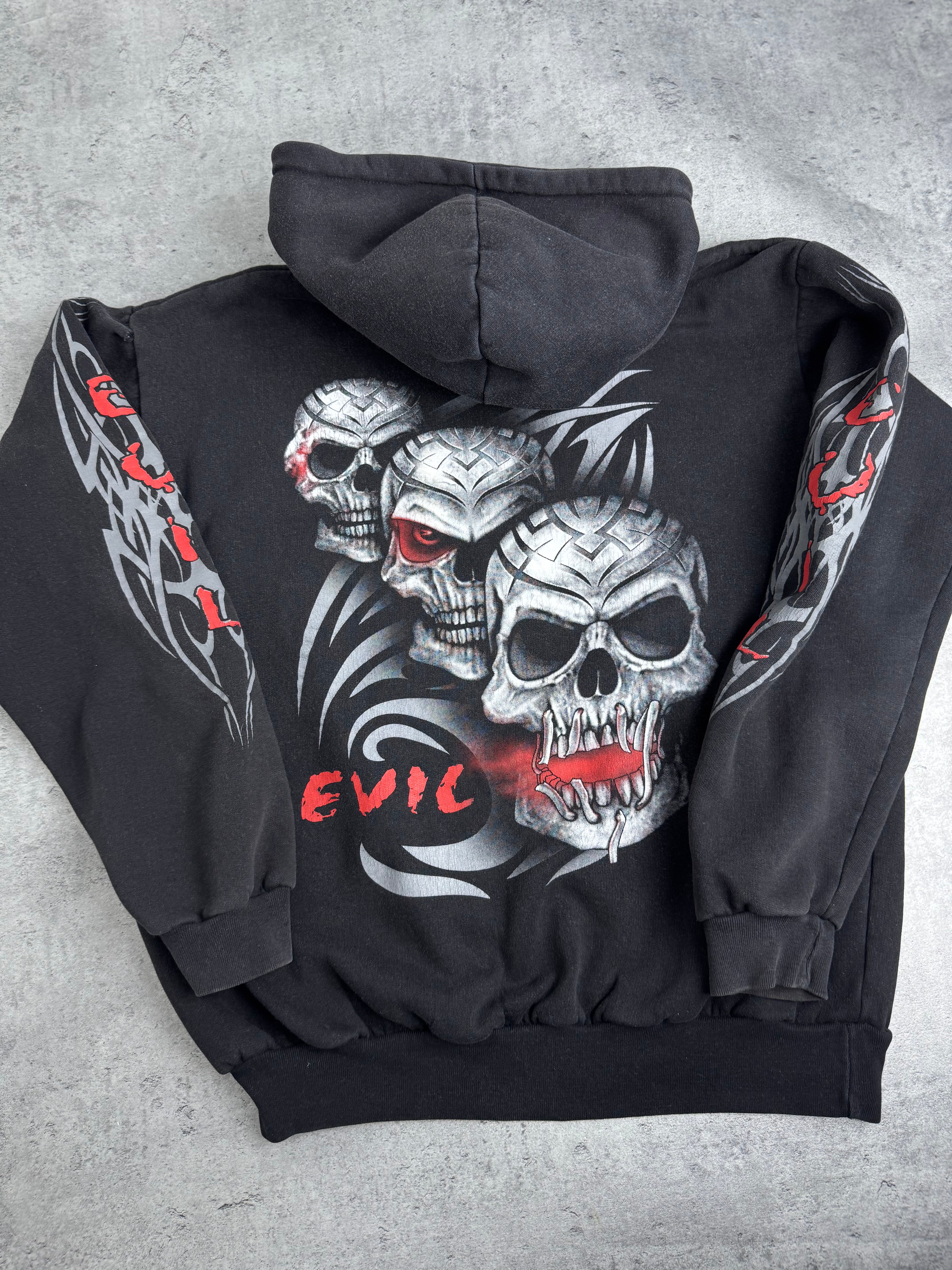 Triple Skull Evil Tribal Hoodie Double Sided Graphic Bluza z Kapturem Rare Y2K