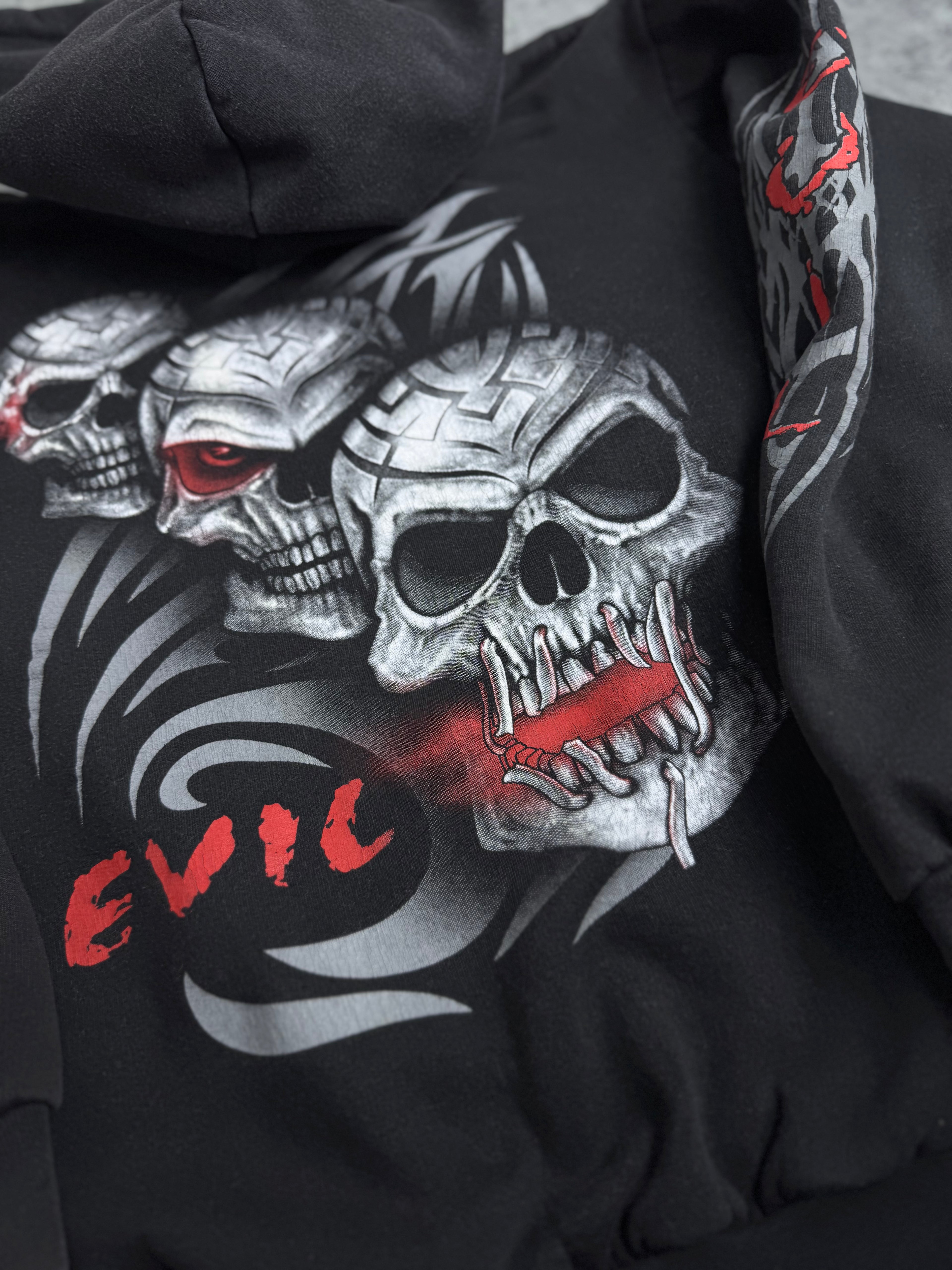 Triple Skull Evil Tribal Hoodie Double Sided Graphic Bluza z Kapturem Rare Y2K