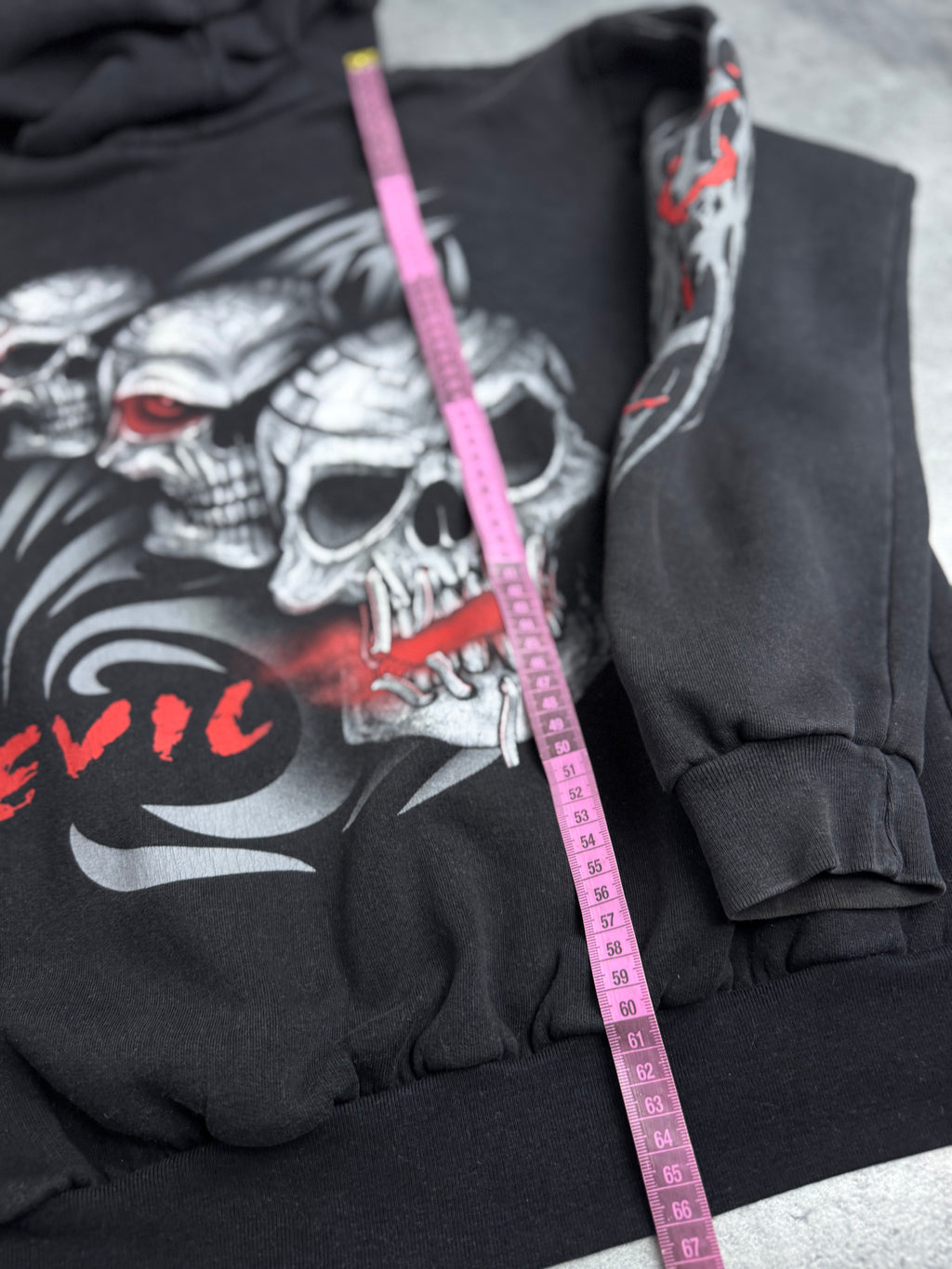 Triple Skull Evil Tribal Hoodie Double Sided Graphic Bluza z Kapturem Rare Y2K