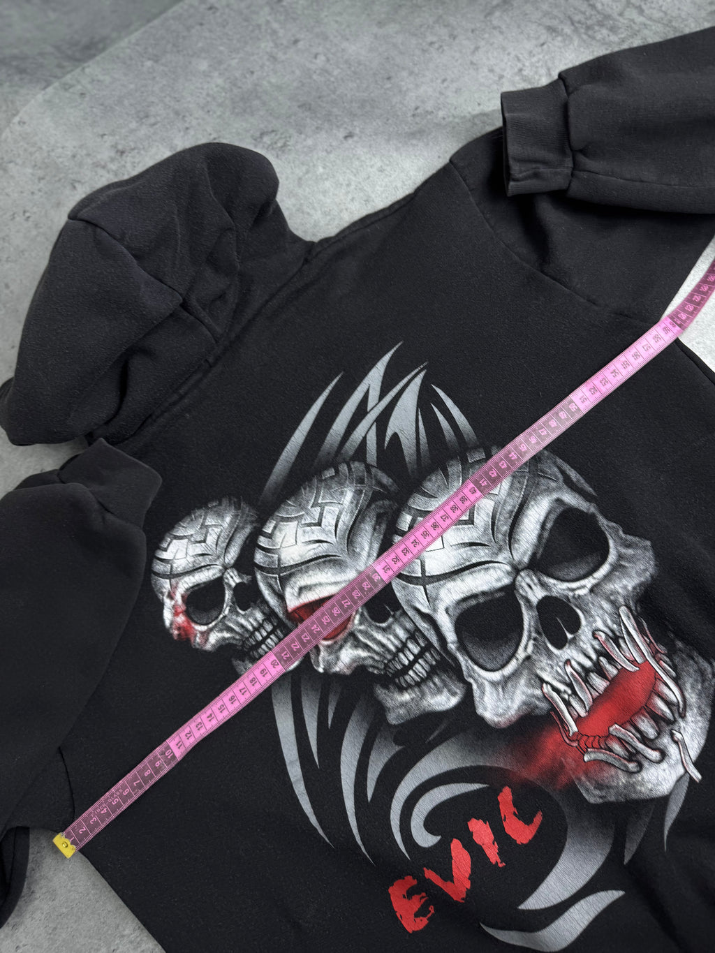 Triple Skull Evil Tribal Hoodie Double Sided Graphic Bluza z Kapturem Rare Y2K