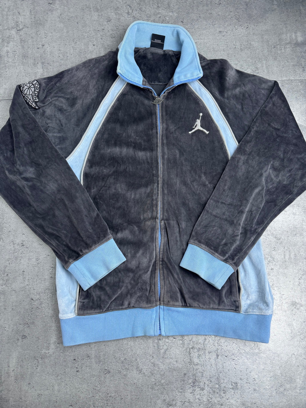 Air Jordan y2k Vintage 2000s Velour Tracksuit Jacket Bluza Welurowa Szaro Niebieska Koszykarska Dresowa