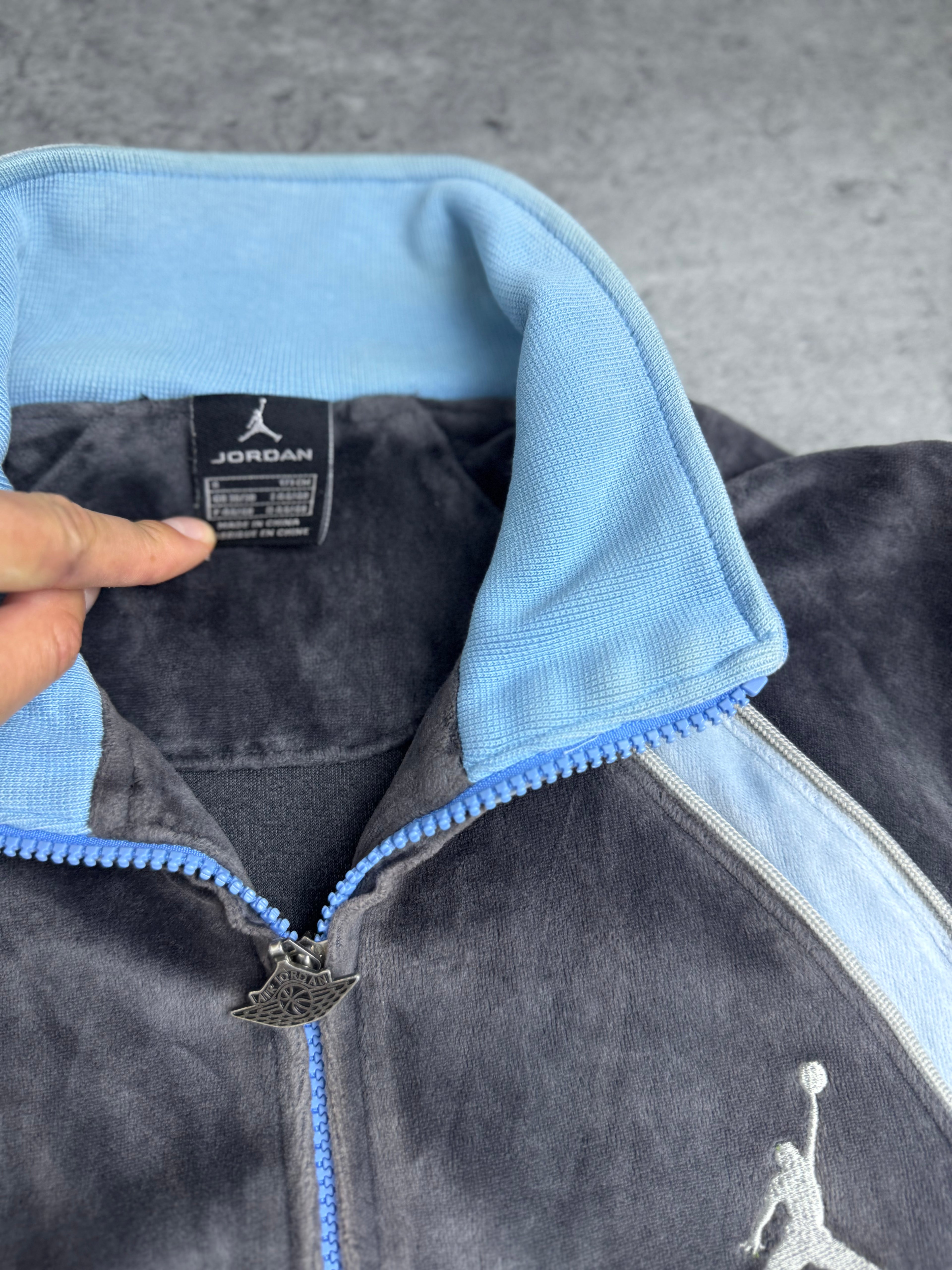 Air Jordan y2k Vintage 2000s Velour Tracksuit Jacket Bluza Welurowa Szaro Niebieska Koszykarska Dresowa