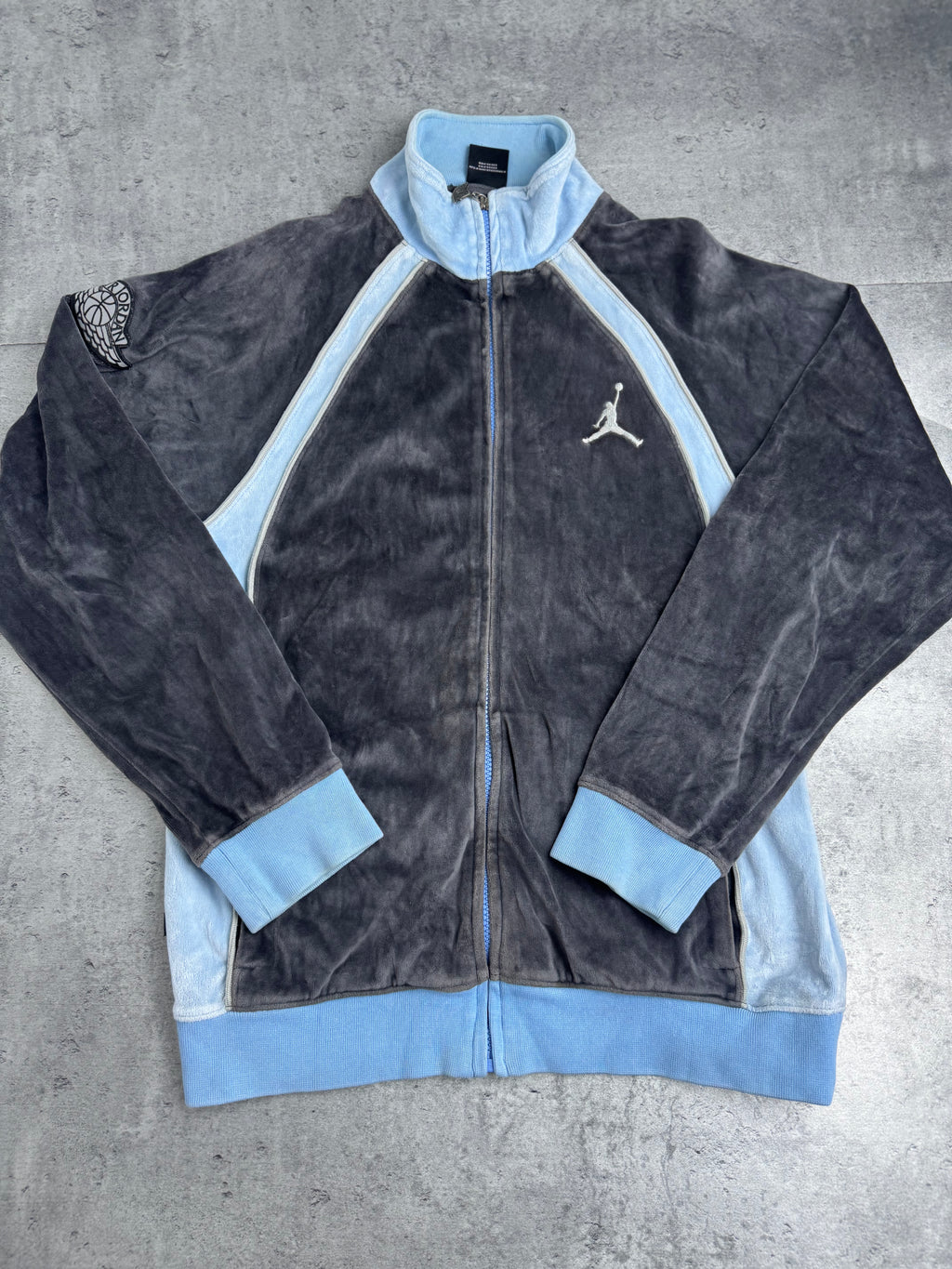 Air Jordan y2k Vintage 2000s Velour Tracksuit Jacket Bluza Welurowa Szaro Niebieska Koszykarska Dresowa