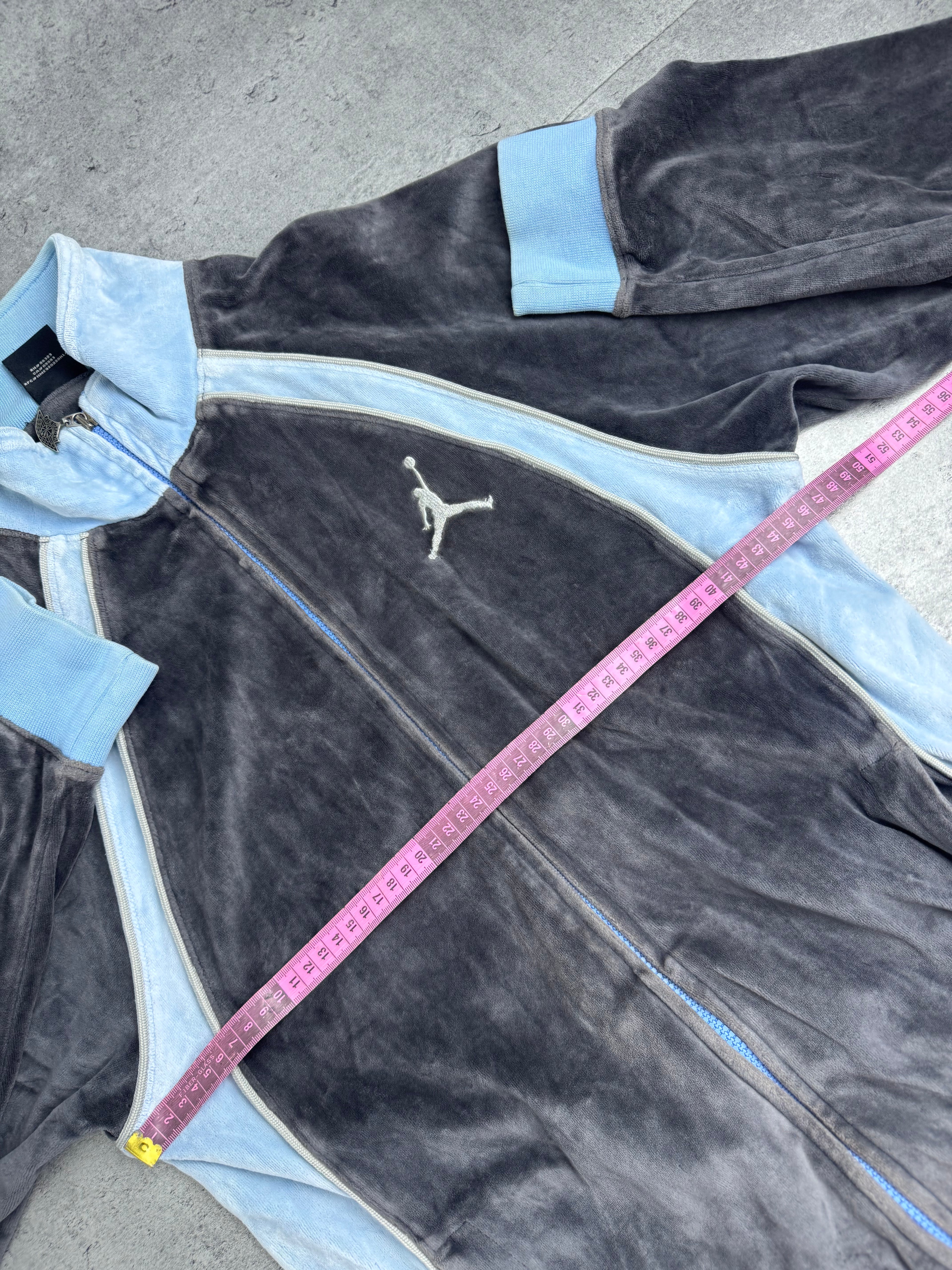 Air Jordan y2k Vintage 2000s Velour Tracksuit Jacket Bluza Welurowa Szaro Niebieska Koszykarska Dresowa