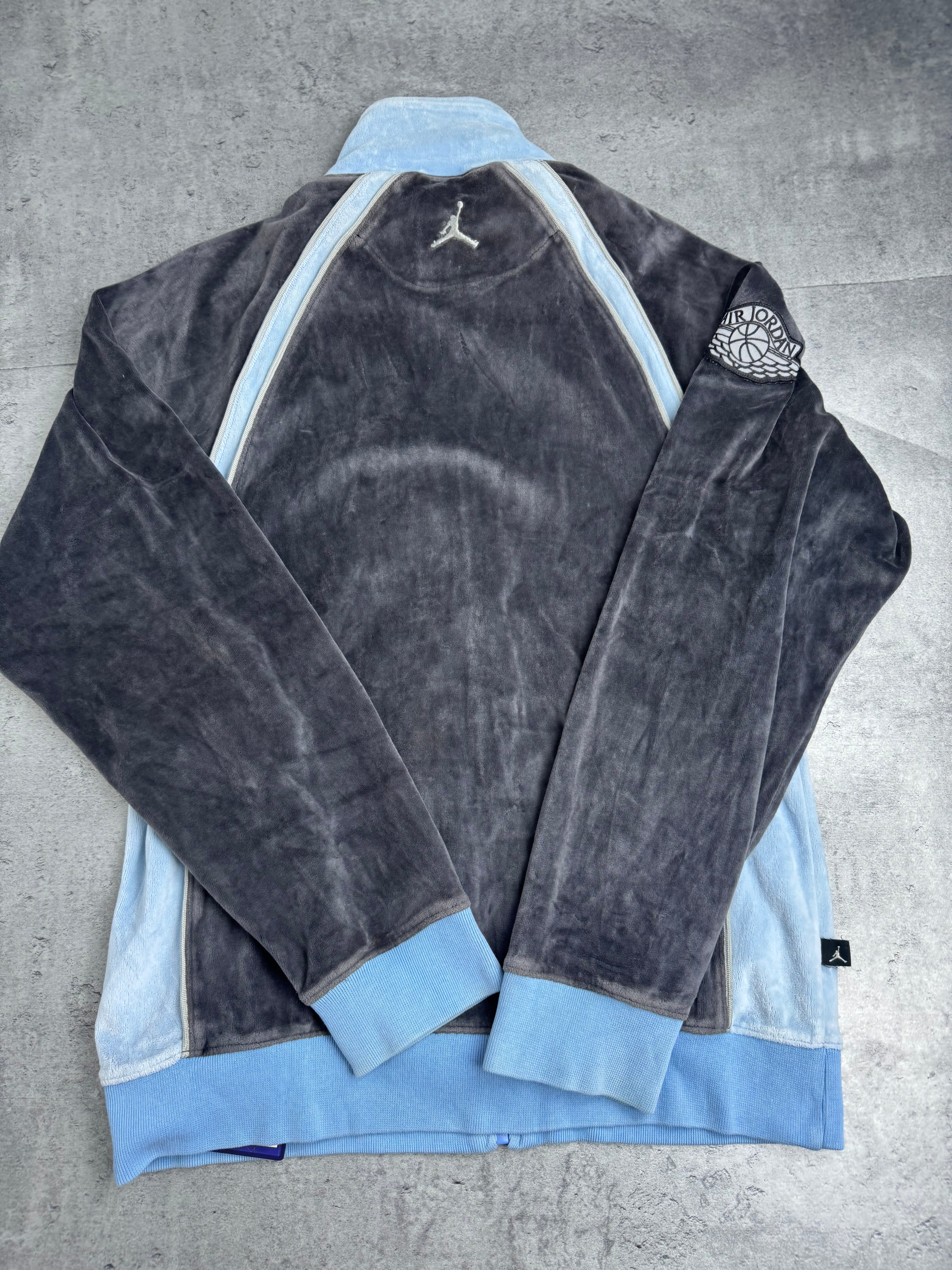 Air Jordan y2k Vintage 2000s Velour Tracksuit Jacket Bluza Welurowa Szaro Niebieska Koszykarska Dresowa