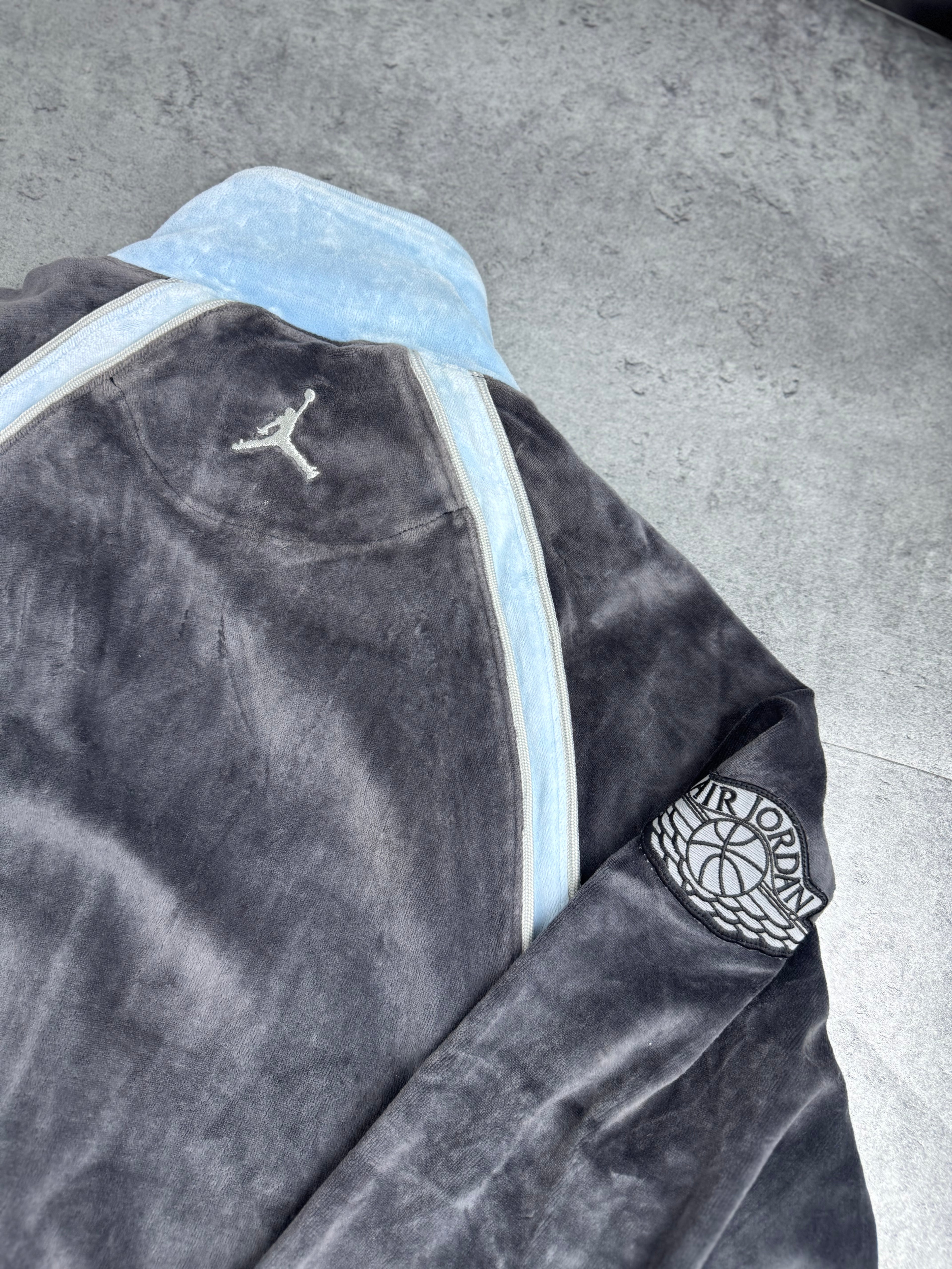 Air Jordan y2k Vintage 2000s Velour Tracksuit Jacket Bluza Welurowa Szaro Niebieska Koszykarska Dresowa