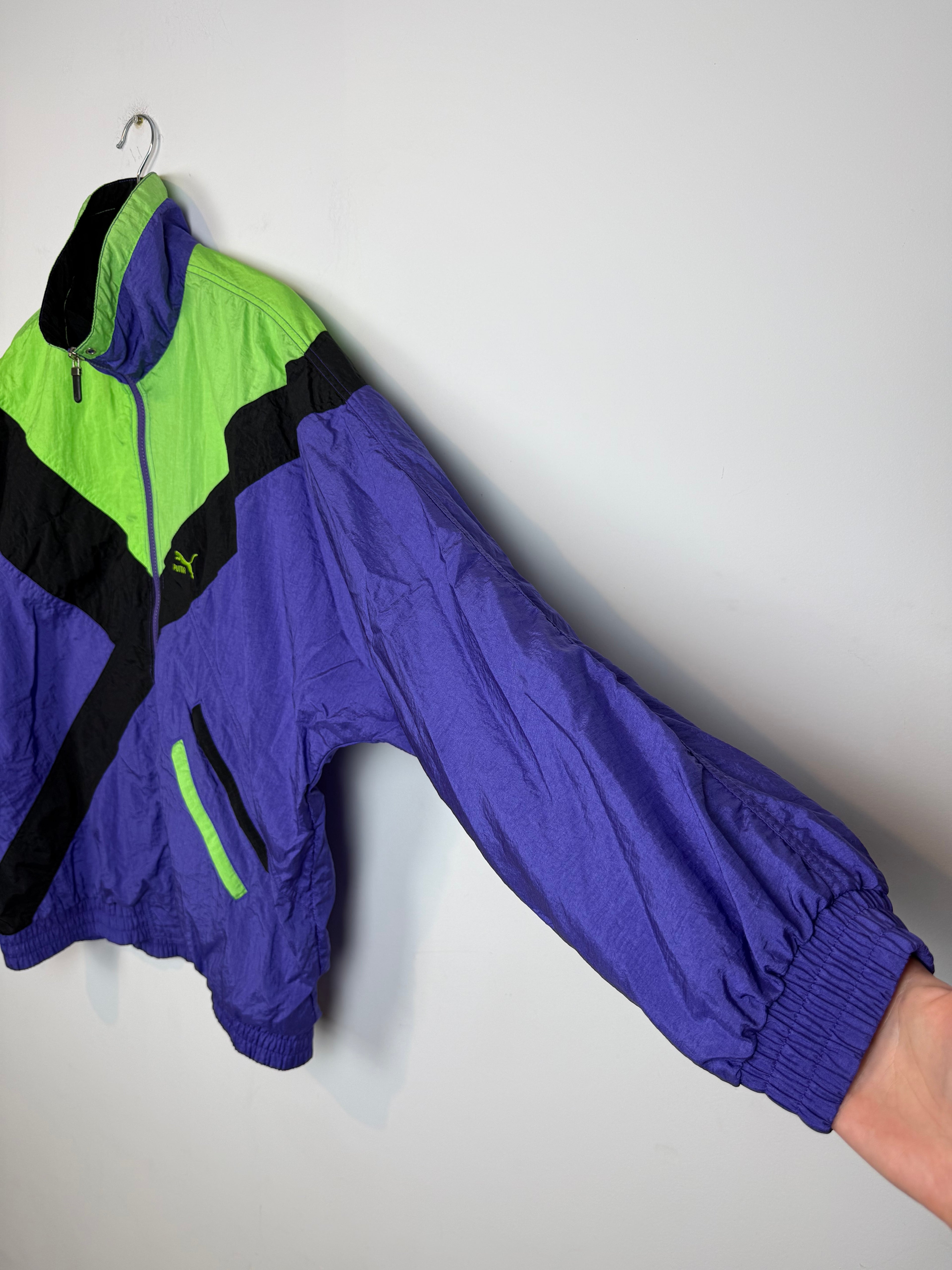 Vintage 80s Puma Windbreaker Tracksuit Purple Green Size Tagged M – fits modern M/L