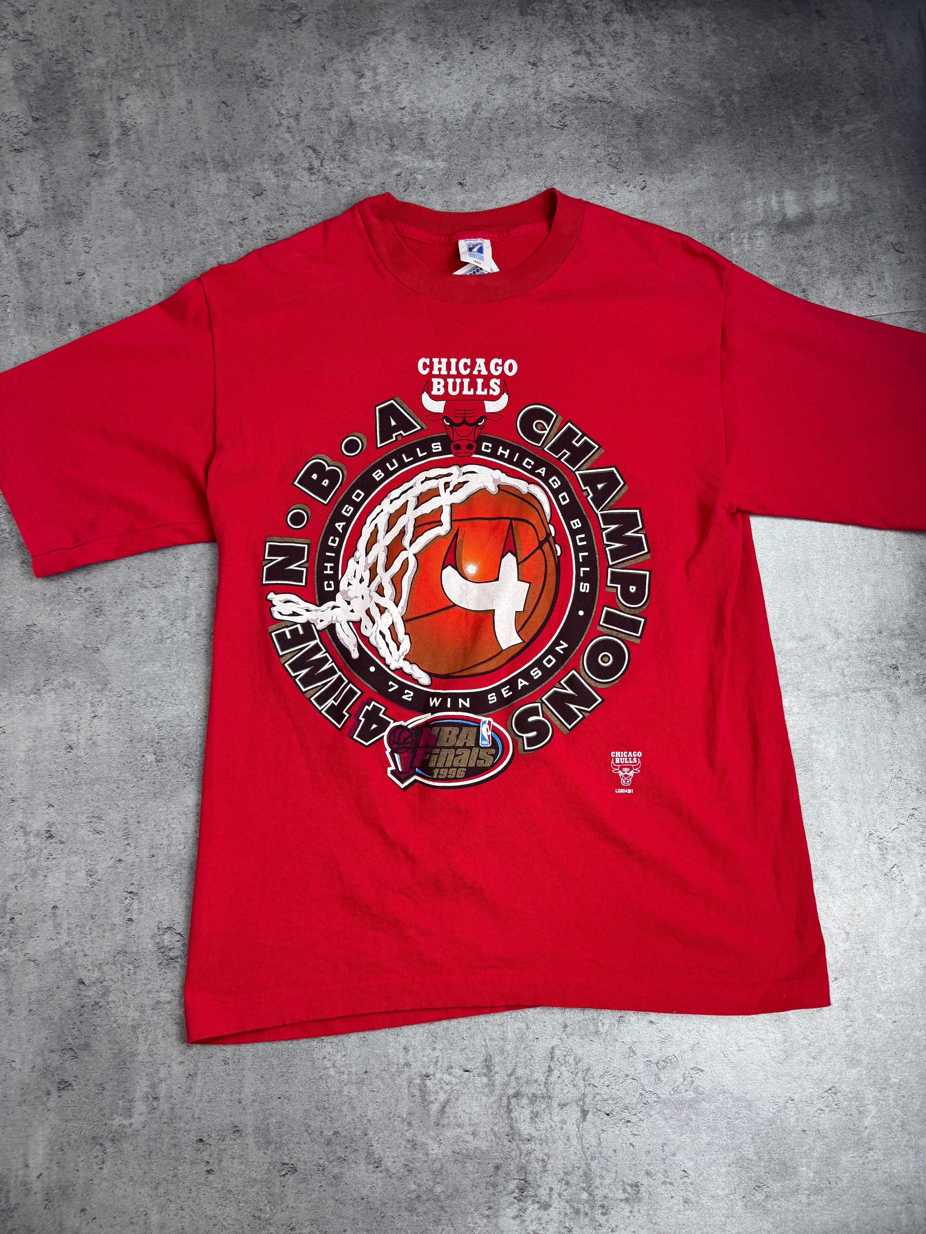 1996 NBA Chicago Bulls Single Stitch Champions 72 Wins Season Michael Jordan Championship Tee Shirt Koszulka