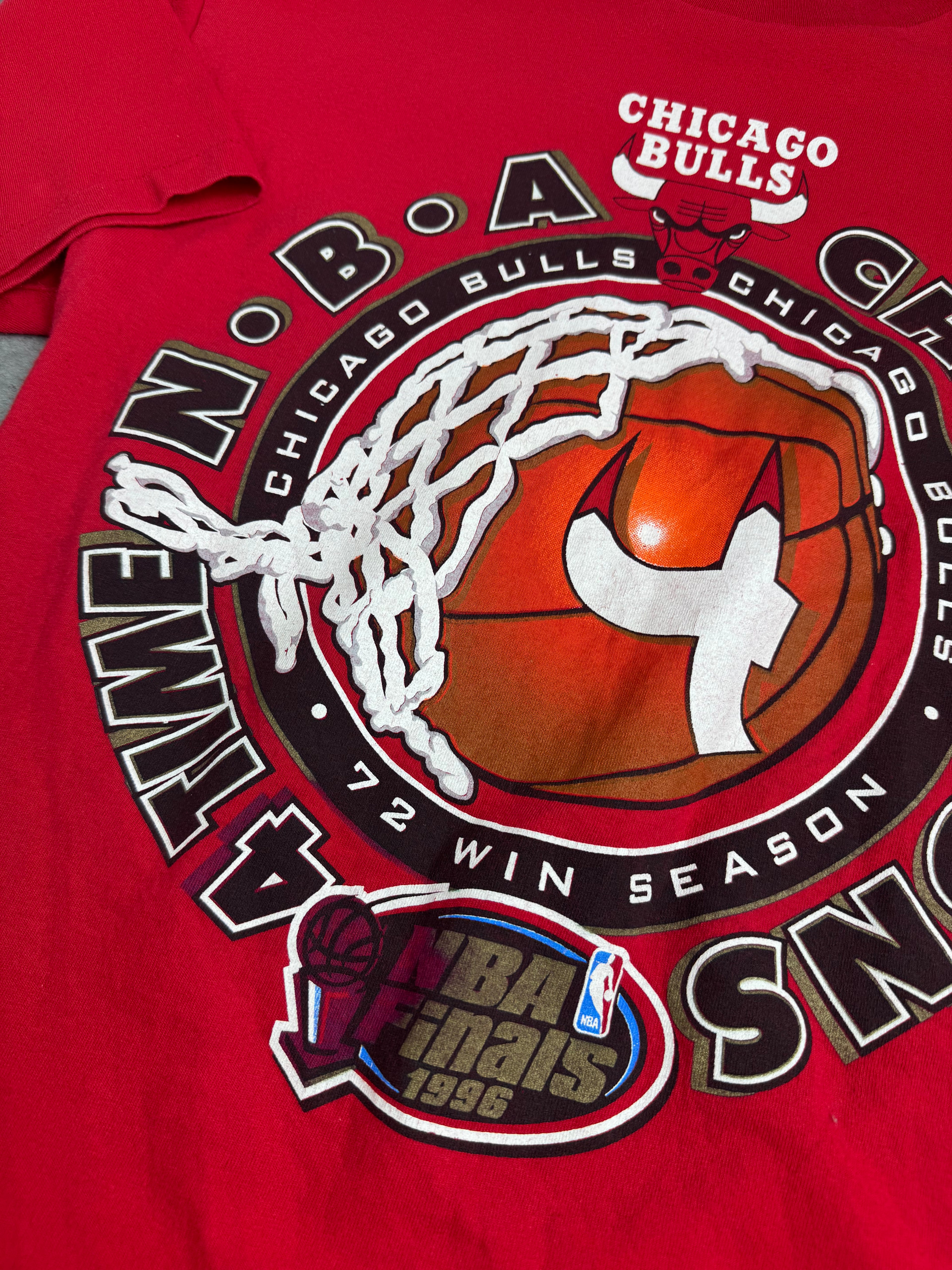 1996 NBA Chicago Bulls Single Stitch Champions 72 Wins Season Michael Jordan Championship Tee Shirt Koszulka