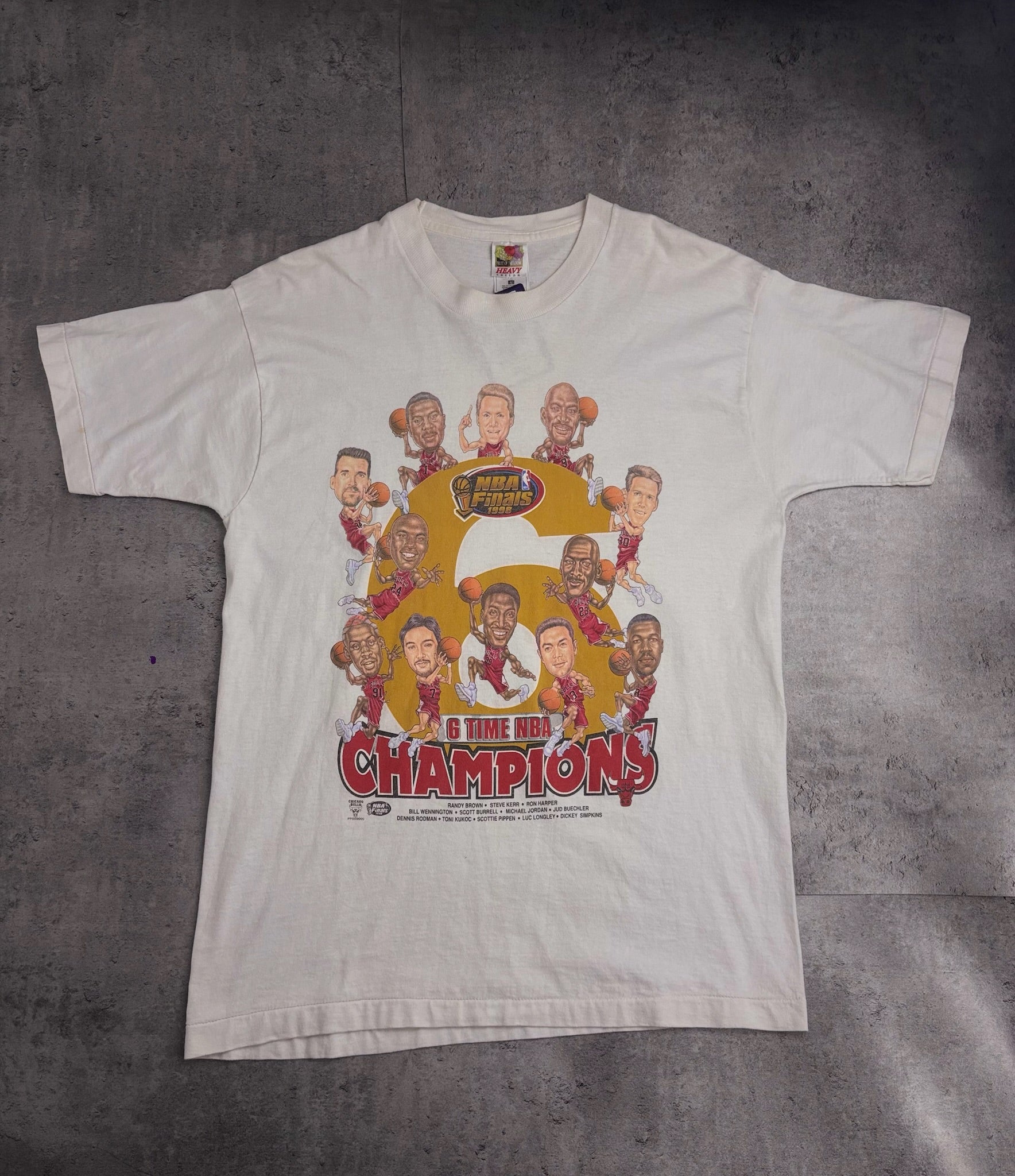 1997/98 RARE CHICAGO BULLS MICHAEL JORDAN FINALS 6TH CHAMPIONSHIP GRAPHIC TEE SHIRT KOSZULKA MISTRZOWSKA KOSZYKARSKA CARICATURE