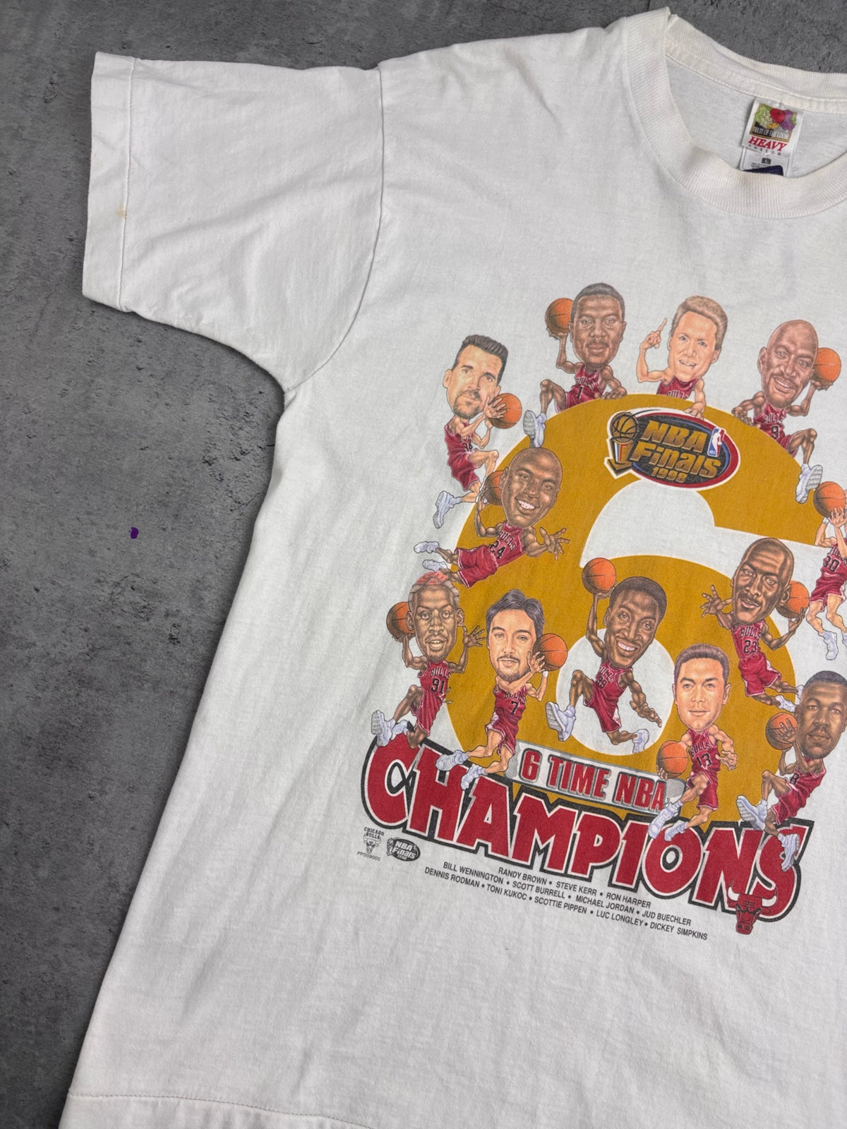 1997/98 RARE CHICAGO BULLS MICHAEL JORDAN FINALS 6TH CHAMPIONSHIP GRAPHIC TEE SHIRT KOSZULKA MISTRZOWSKA KOSZYKARSKA CARICATURE