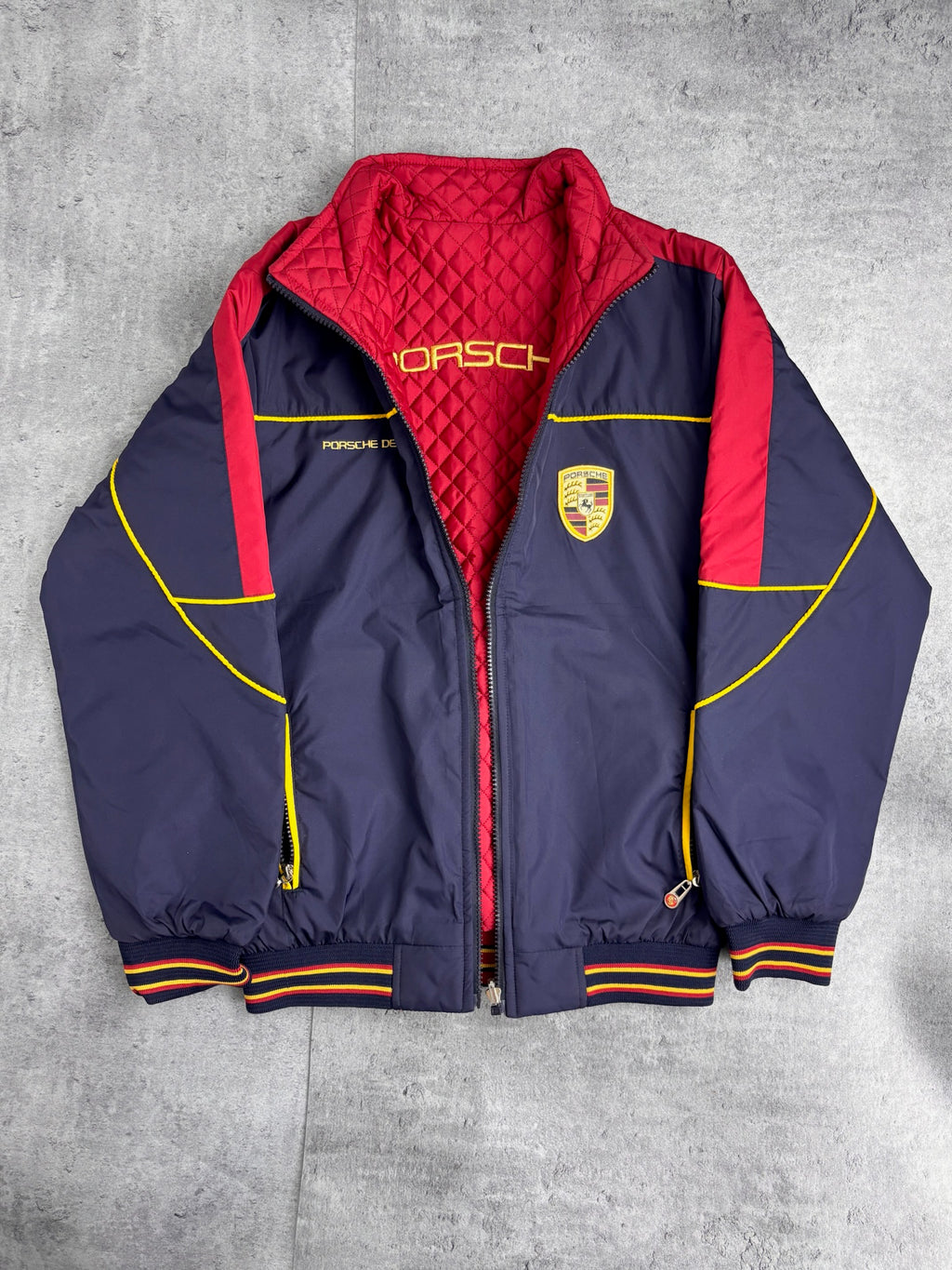 PORSCHE OFFICIALY LICENSED REVERSIBLE RACING JACKET SPELLOUT BOMBER KURTKA VINTAGE Y2K WYŚCIGOWA
