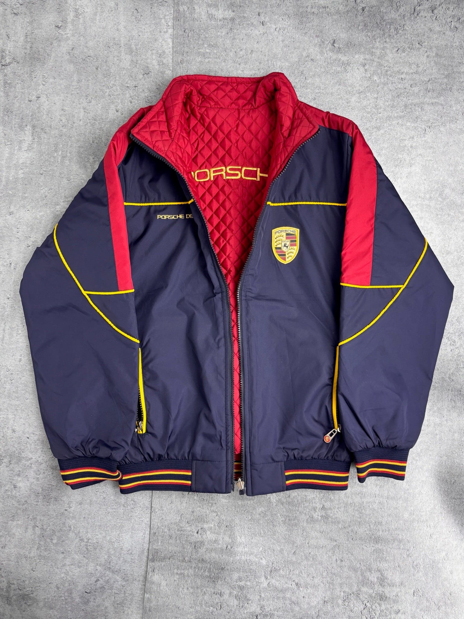 PORSCHE OFFICIALY LICENSED REVERSIBLE RACING JACKET SPELLOUT BOMBER KURTKA VINTAGE Y2K WYŚCIGOWA