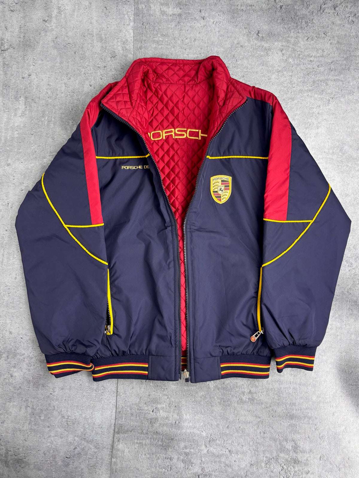 PORSCHE OFFICIALY LICENSED REVERSIBLE RACING JACKET SPELLOUT BOMBER KURTKA VINTAGE Y2K WYŚCIGOWA
