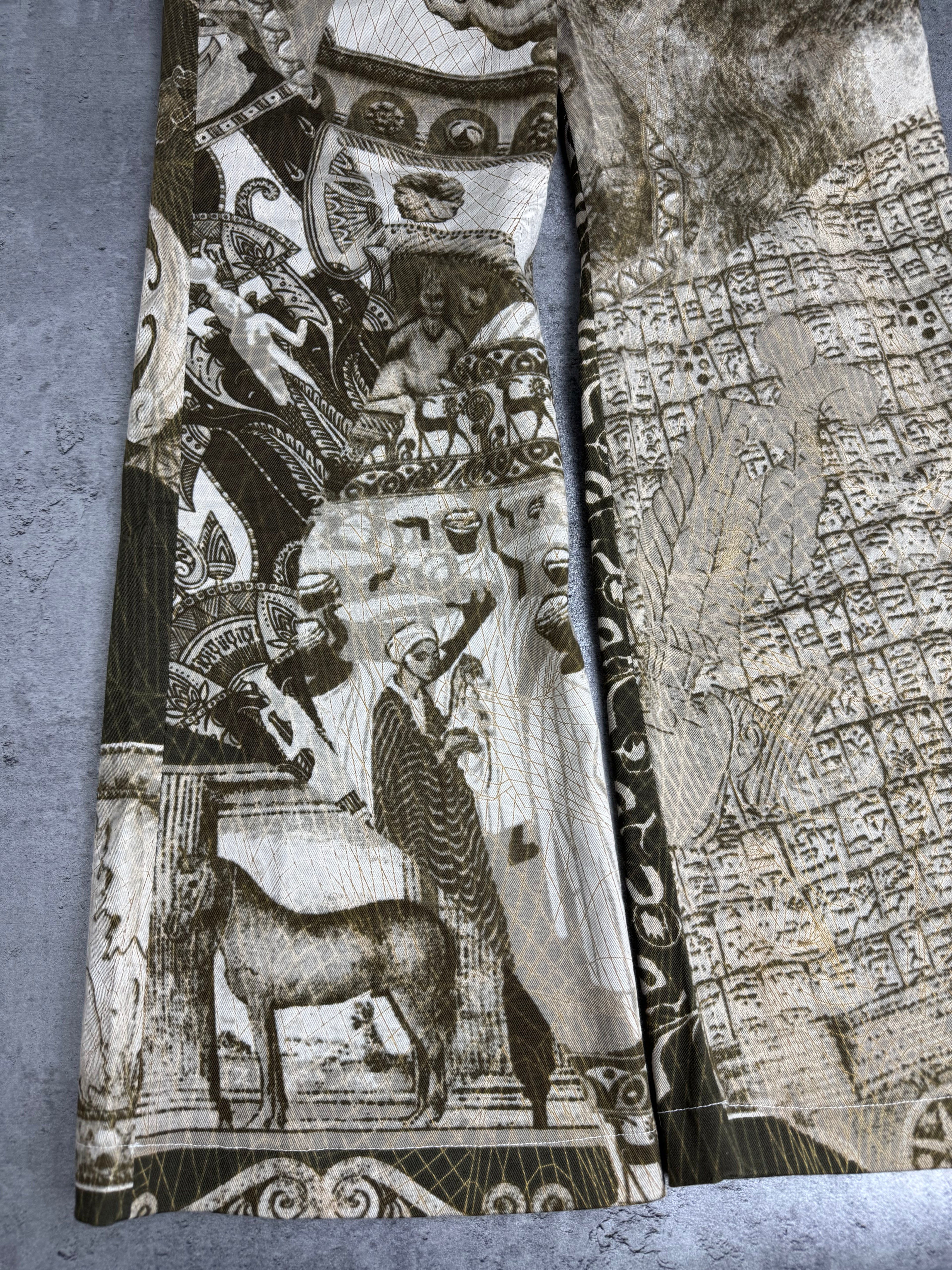 Dzwony Spodnie Y2K All Over Print  Versace Style Rare Włoskie 90s Obrazki Mozaiki Flared Bootcut Poszerzane