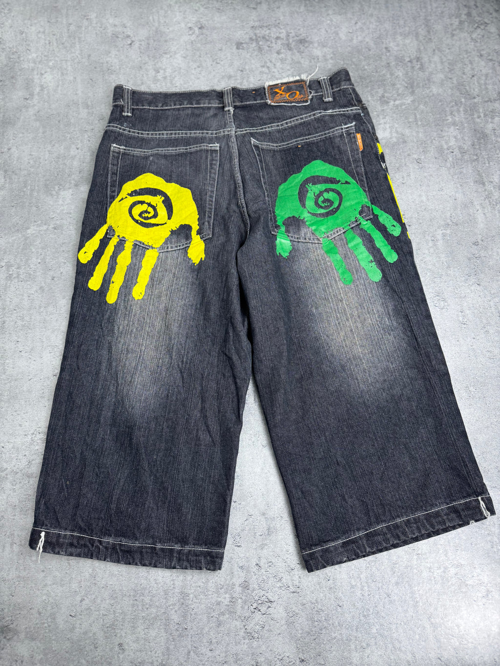 Miskeen Vintage Y2K Shorts Baggy Jorts Denim Jean Spodenki Jeansowe Długie HipHop Rap Skater All Over Print Hands