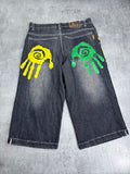 Miskeen Vintage Y2K Shorts Baggy Jorts Denim Jean Spodenki Jeansowe Długie HipHop Rap Skater All Over Print Hands