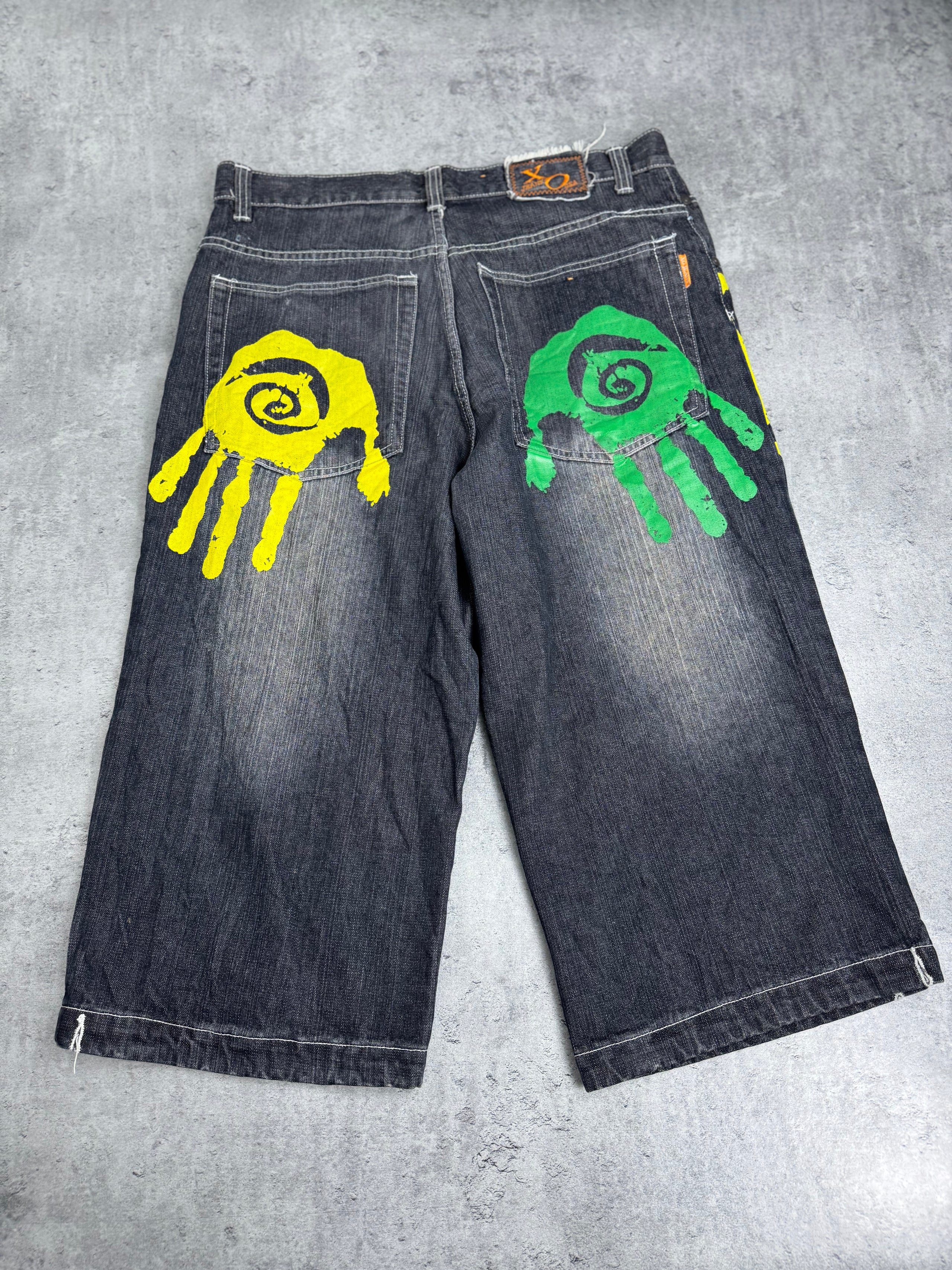 Miskeen Vintage Y2K Shorts Baggy Jorts Denim Jean Spodenki Jeansowe Długie HipHop Rap Skater All Over Print Hands