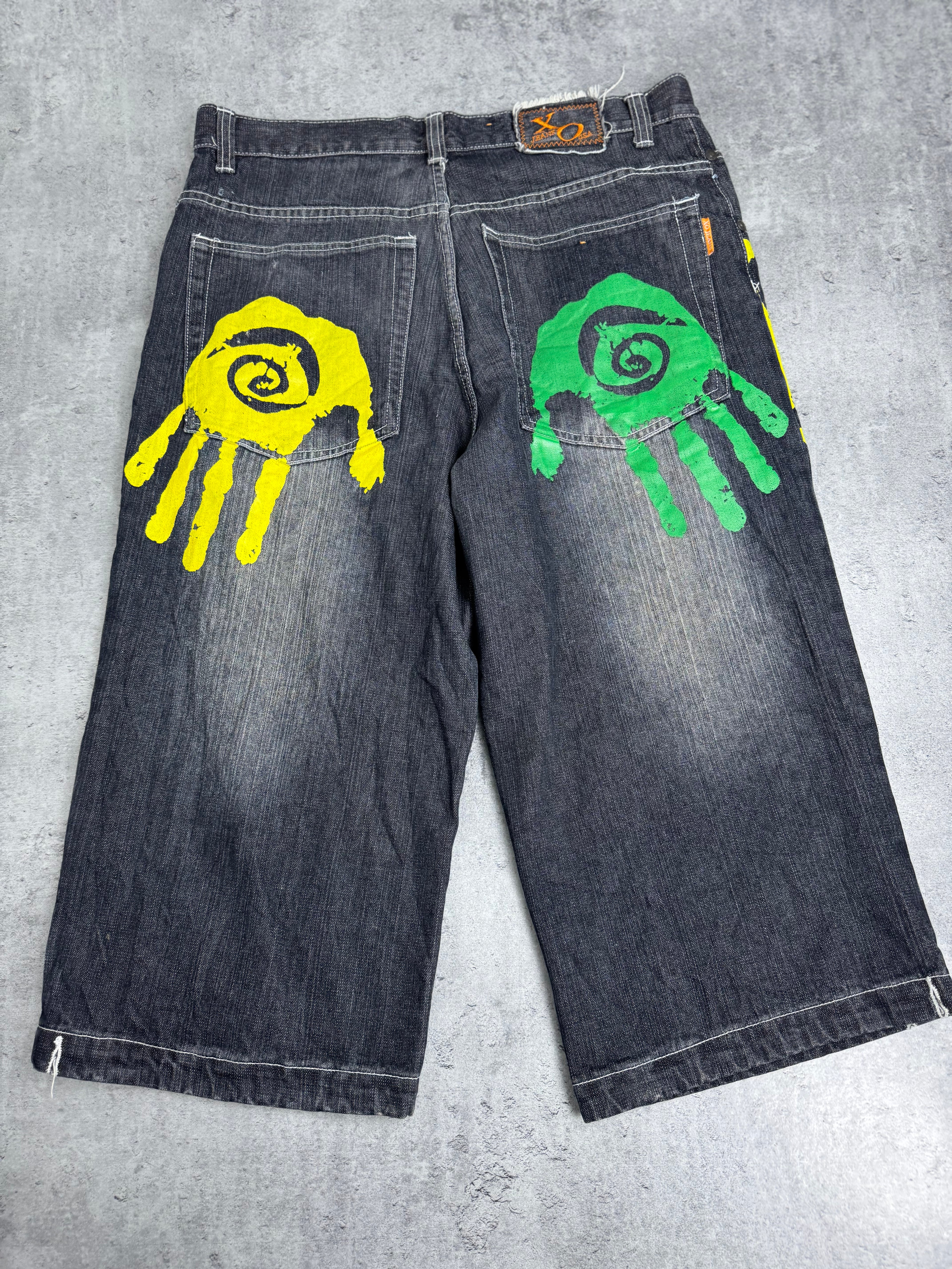 Miskeen Vintage Y2K Shorts Baggy Jorts Denim Jean Spodenki Jeansowe Długie HipHop Rap Skater All Over Print Hands