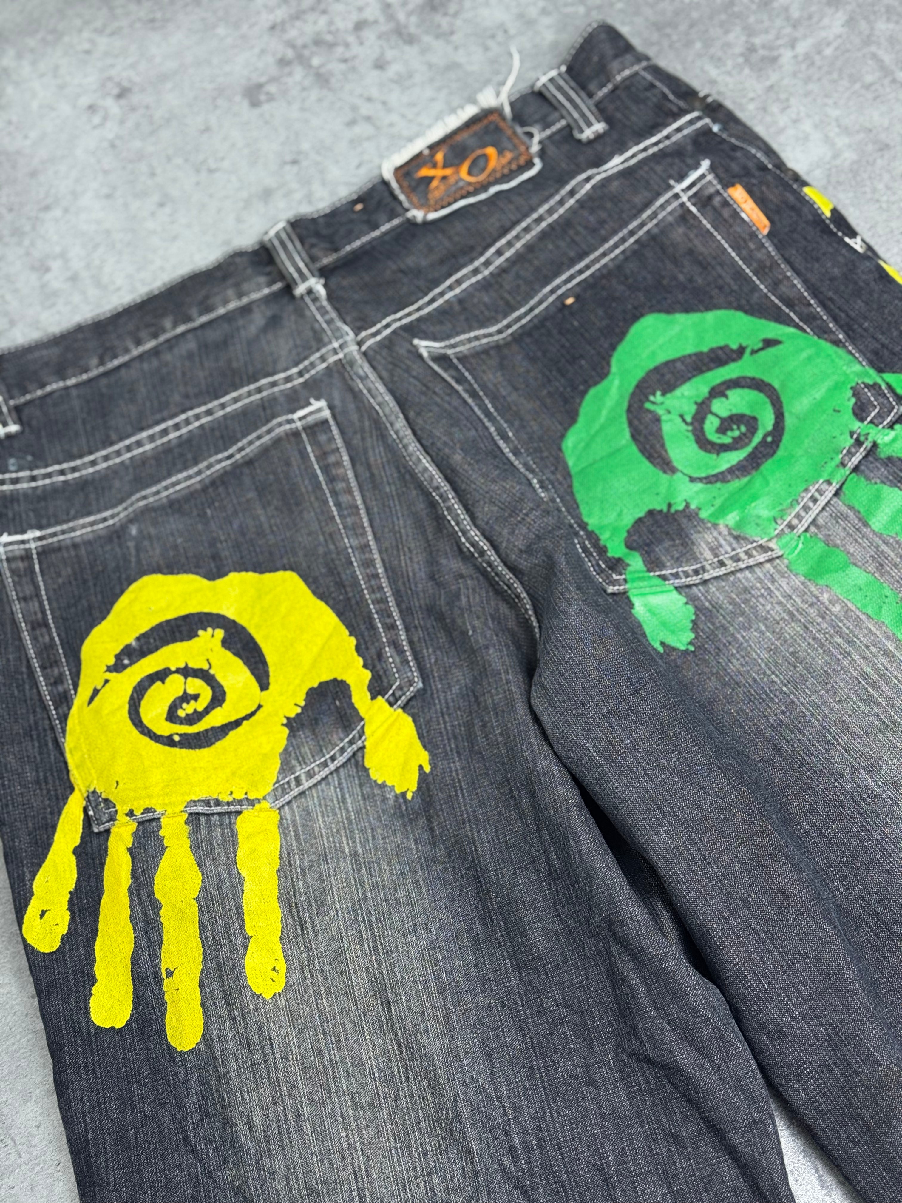 Miskeen Vintage Y2K Shorts Baggy Jorts Denim Jean Spodenki Jeansowe Długie HipHop Rap Skater All Over Print Hands