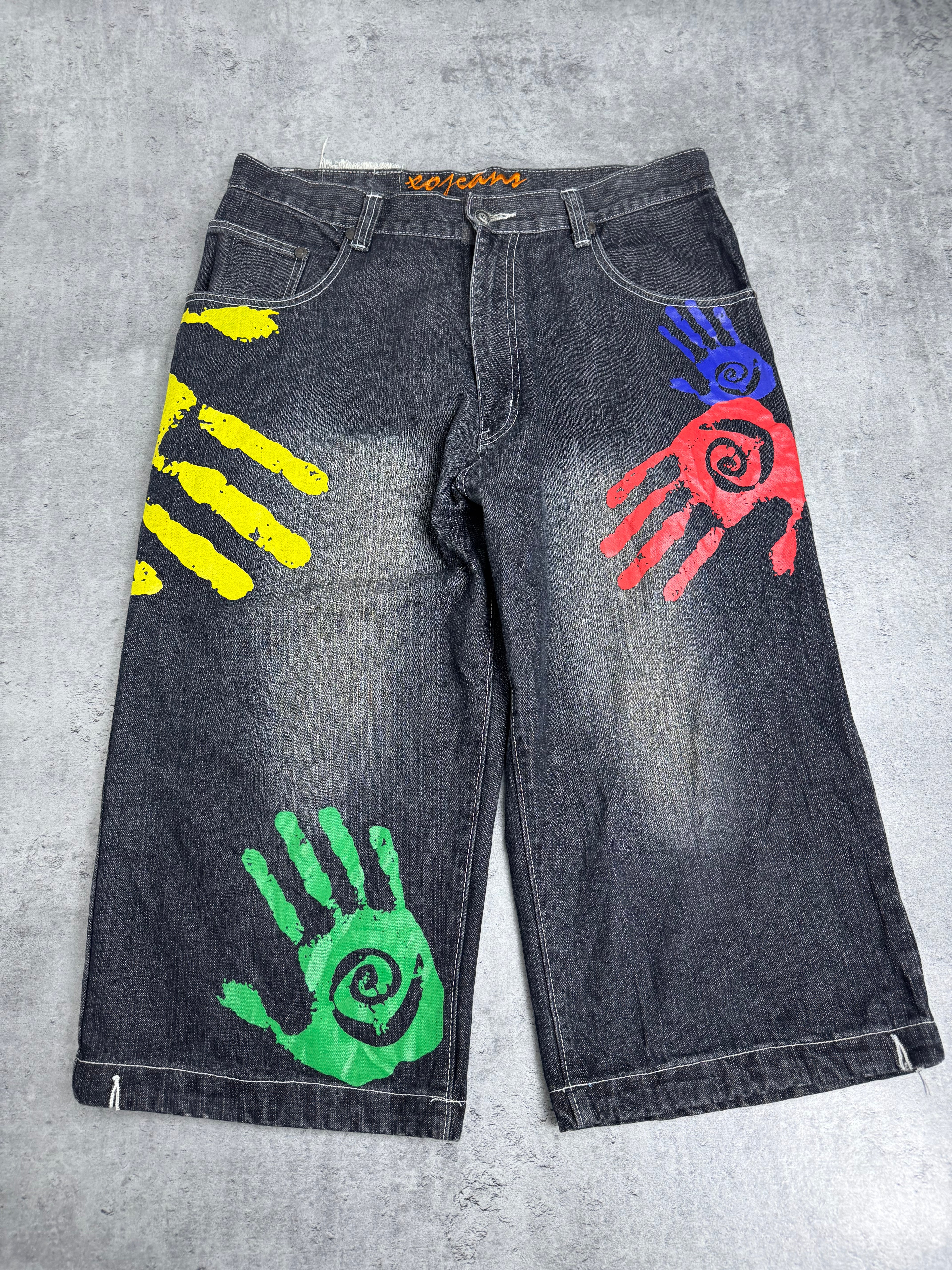 Miskeen Vintage Y2K Shorts Baggy Jorts Denim Jean Spodenki Jeansowe Długie HipHop Rap Skater All Over Print Hands