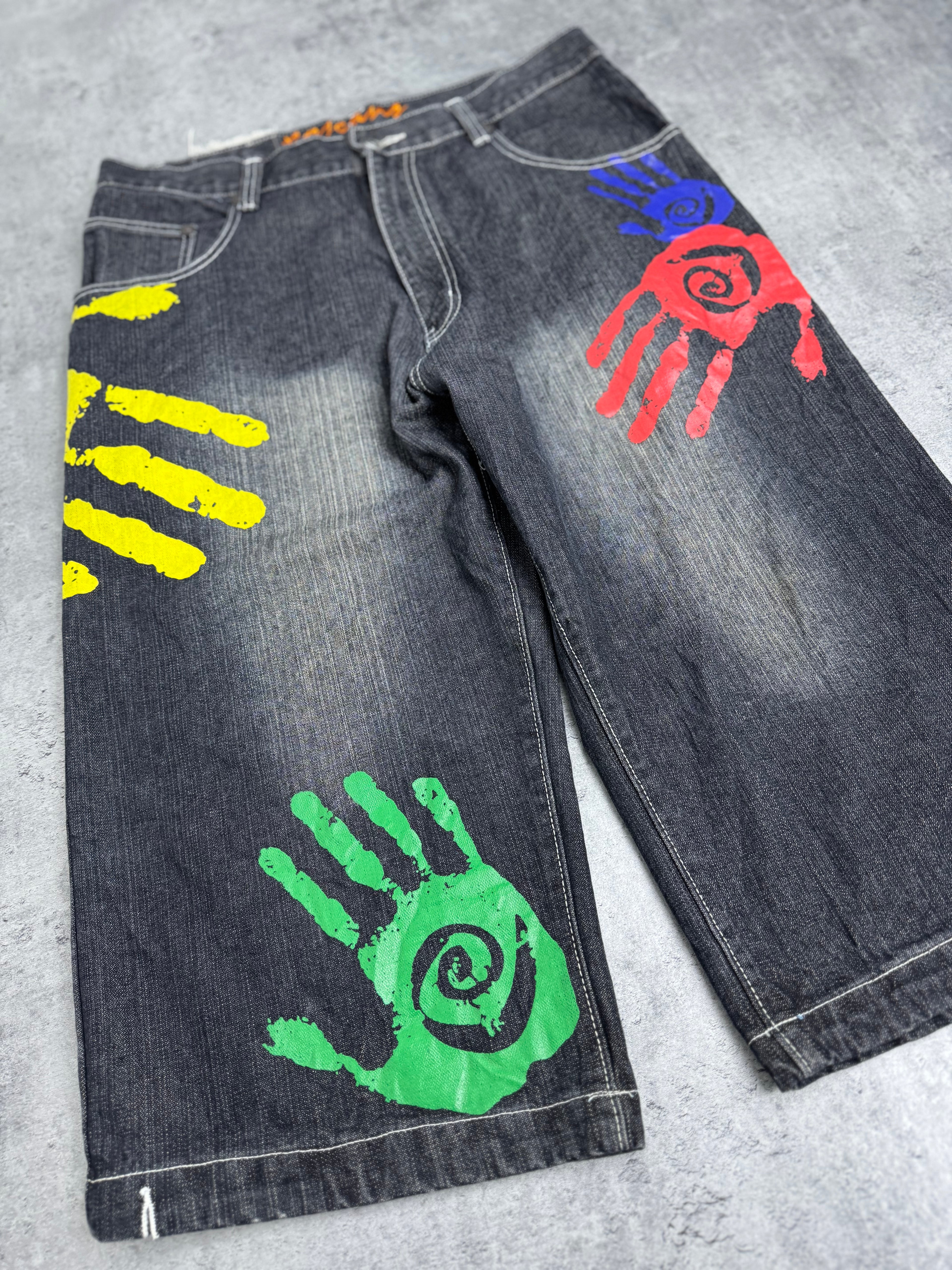 Miskeen Vintage Y2K Shorts Baggy Jorts Denim Jean Spodenki Jeansowe Długie HipHop Rap Skater All Over Print Hands