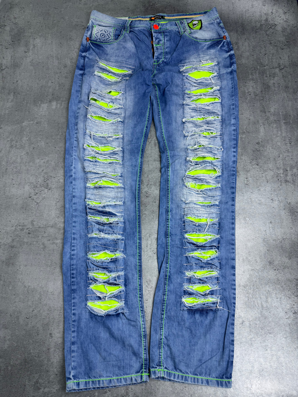 Cipo Baxx Distressed Spodnie Jeansy z Dziurami Neon Ripped Skull Cyber Goth Skater Emo Baggy Rare