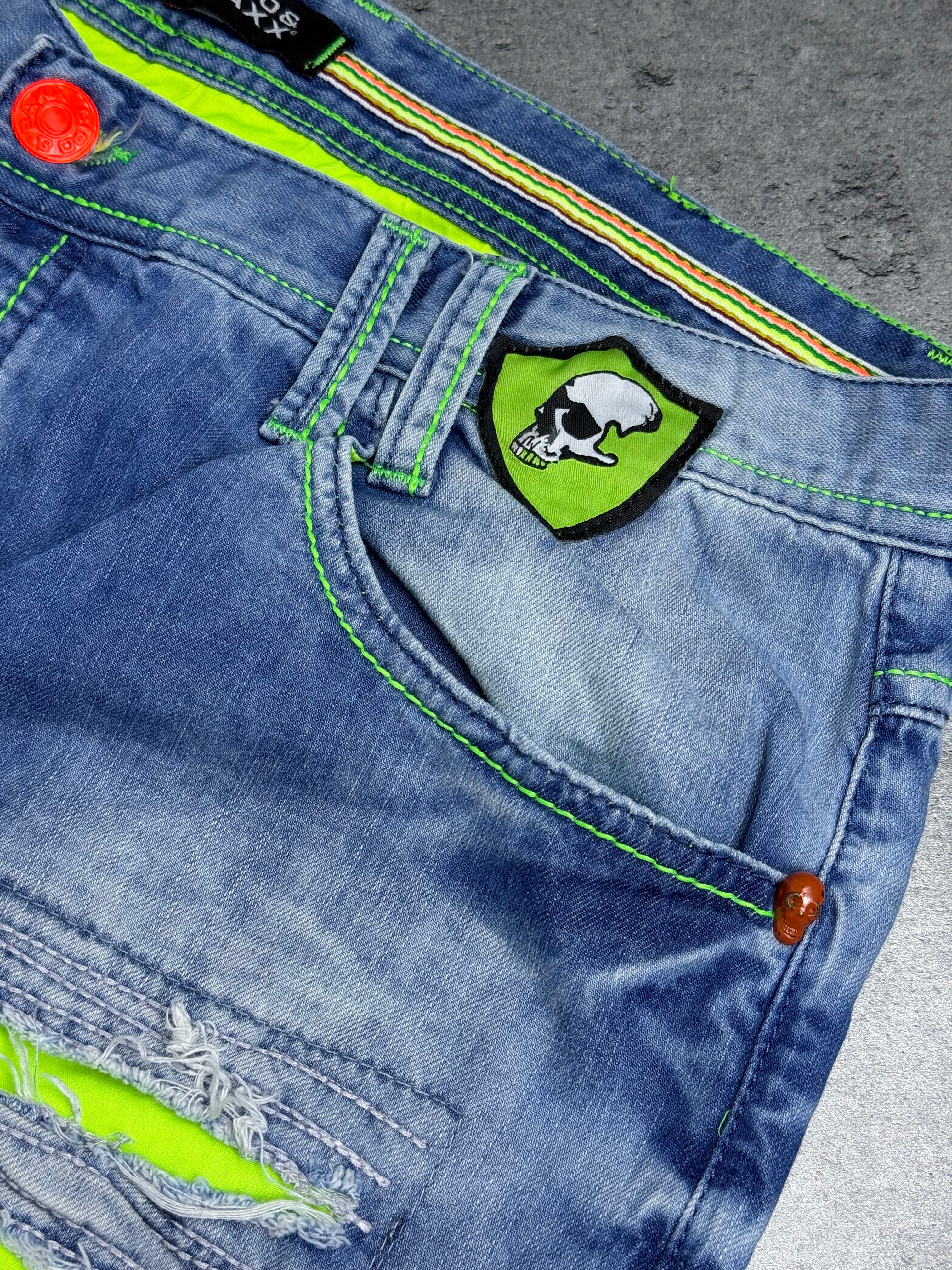 Cipo Baxx Distressed Spodnie Jeansy z Dziurami Neon Ripped Skull Cyber Goth Skater Emo Baggy Rare