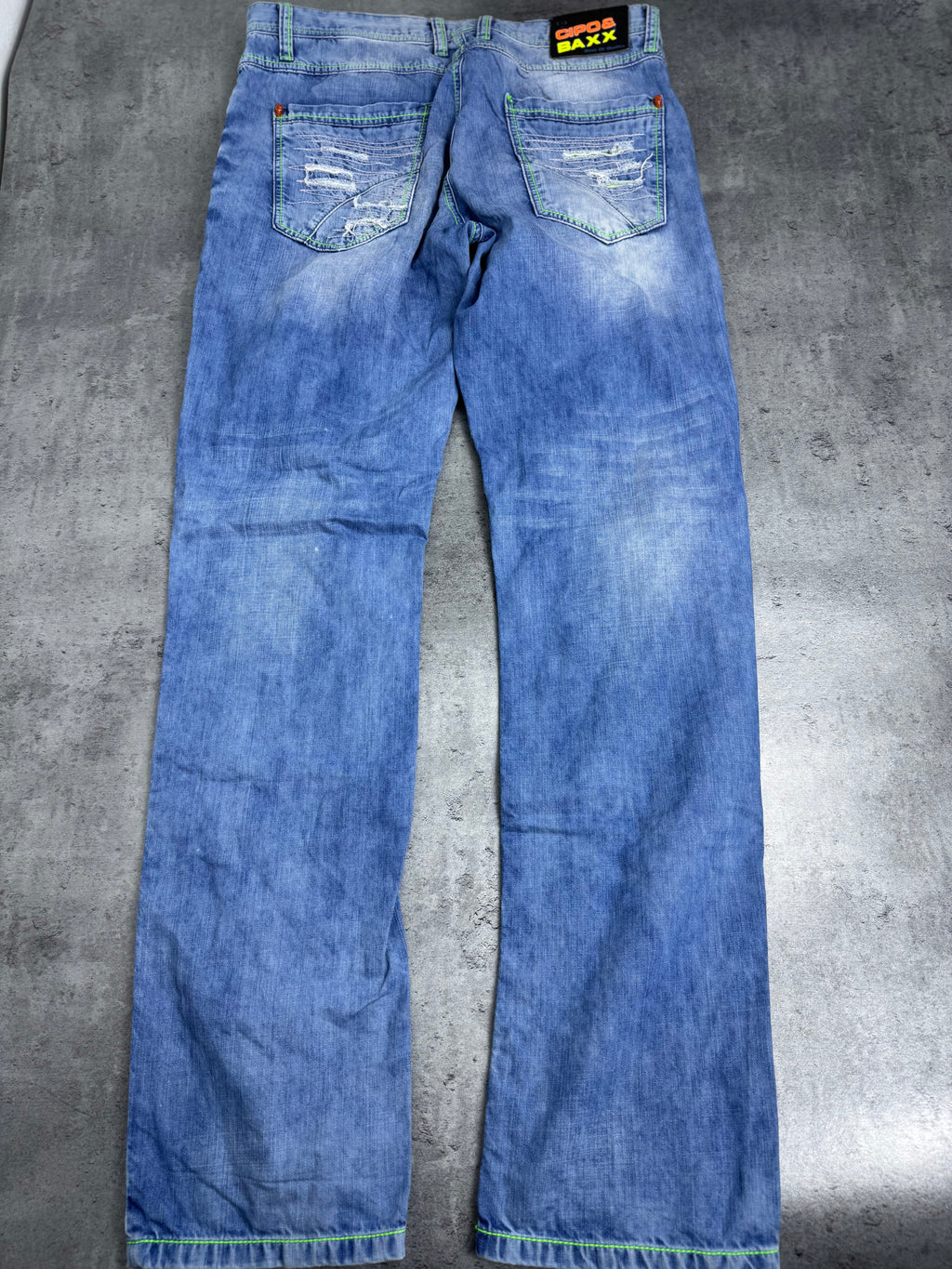 Cipo Baxx Distressed Spodnie Jeansy z Dziurami Neon Ripped Skull Cyber Goth Skater Emo Baggy Rare