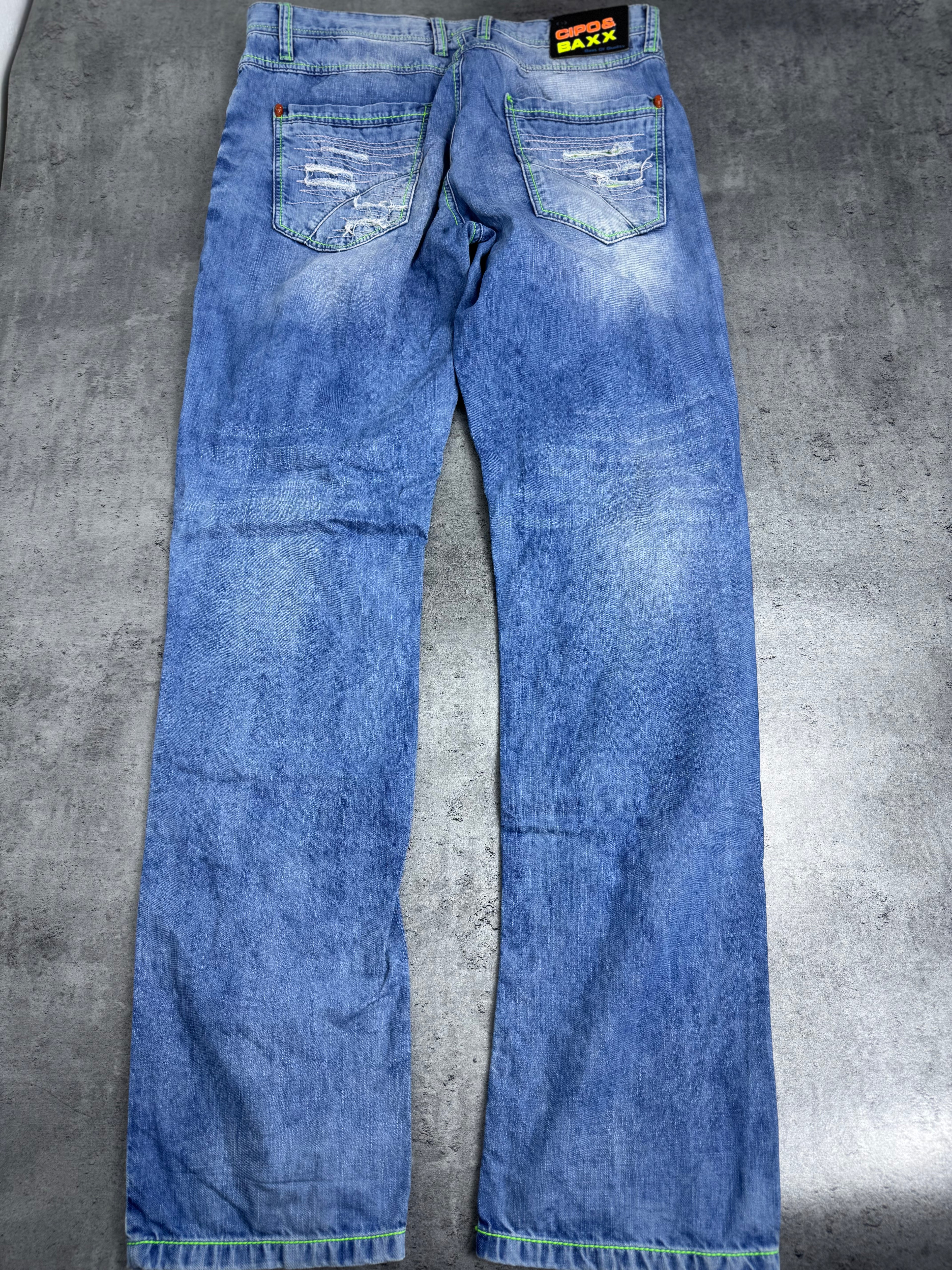 Cipo Baxx Distressed Spodnie Jeansy z Dziurami Neon Ripped Skull Cyber Goth Skater Emo Baggy Rare