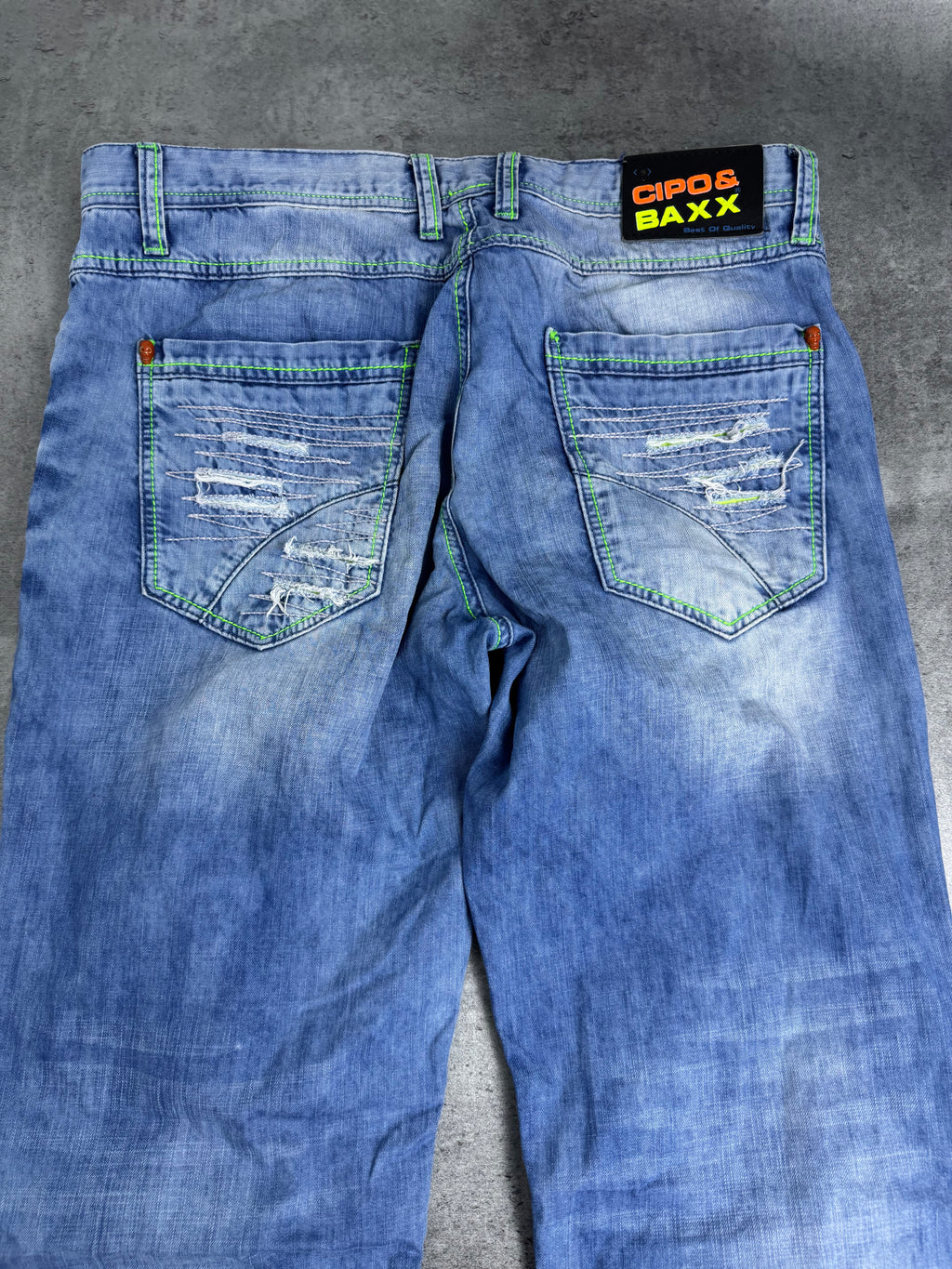 Cipo Baxx Distressed Spodnie Jeansy z Dziurami Neon Ripped Skull Cyber Goth Skater Emo Baggy Rare