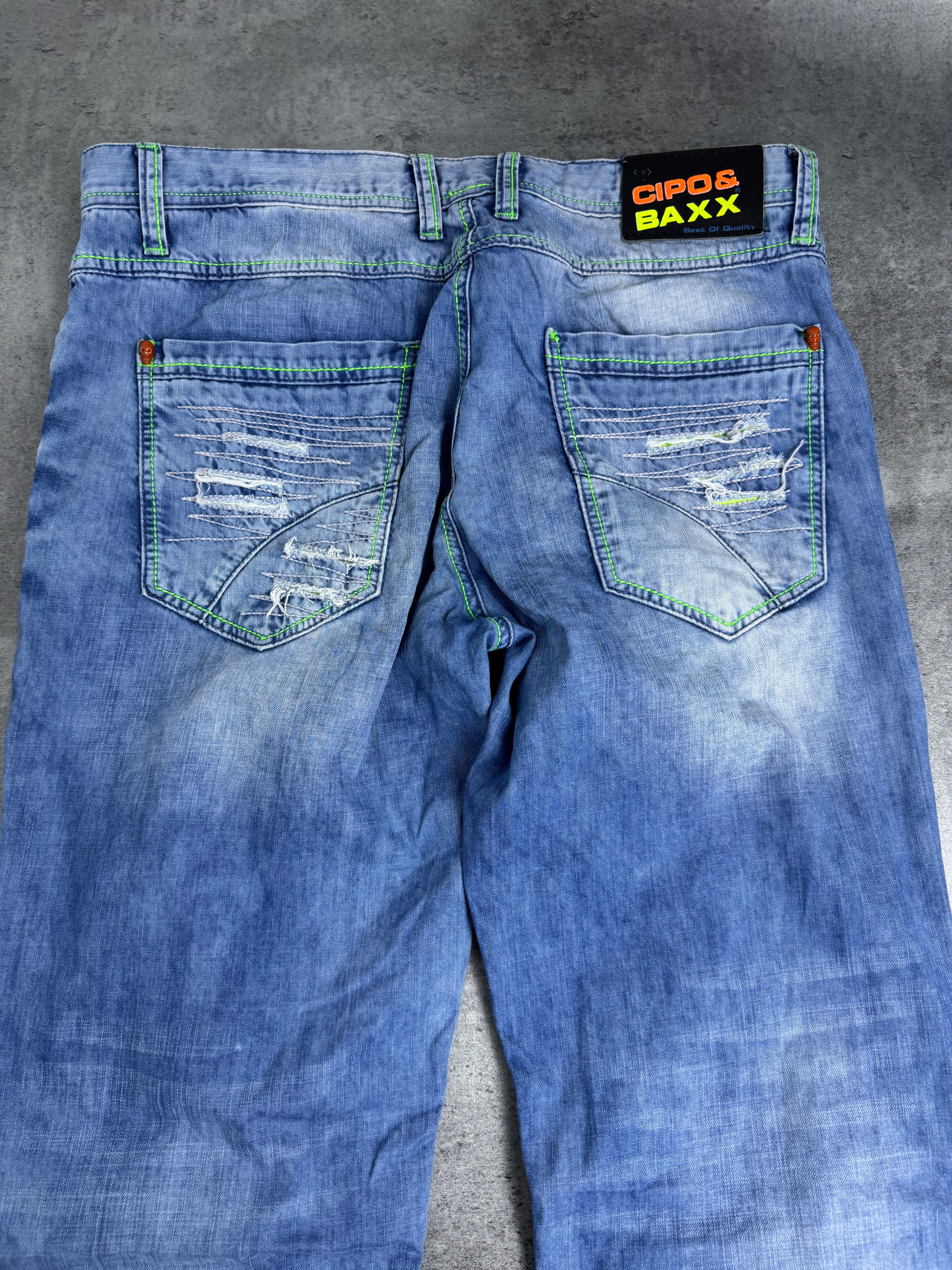 Cipo Baxx Distressed Spodnie Jeansy z Dziurami Neon Ripped Skull Cyber Goth Skater Emo Baggy Rare