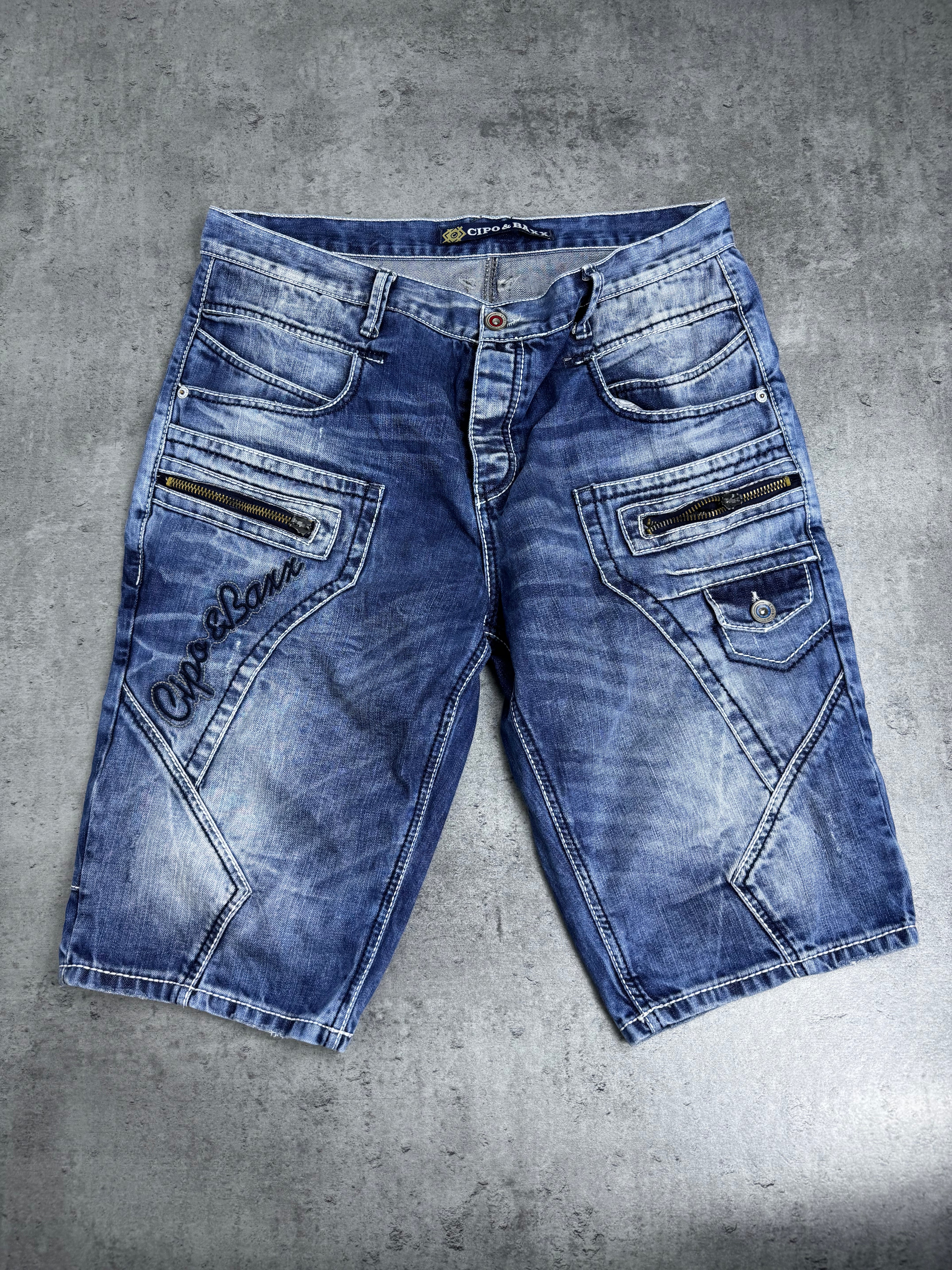 Cipo &amp; Baxx Denim Shorts Y2K Skater Biker Baggy Cargo Zip Jeans Jorts Vintage Biker