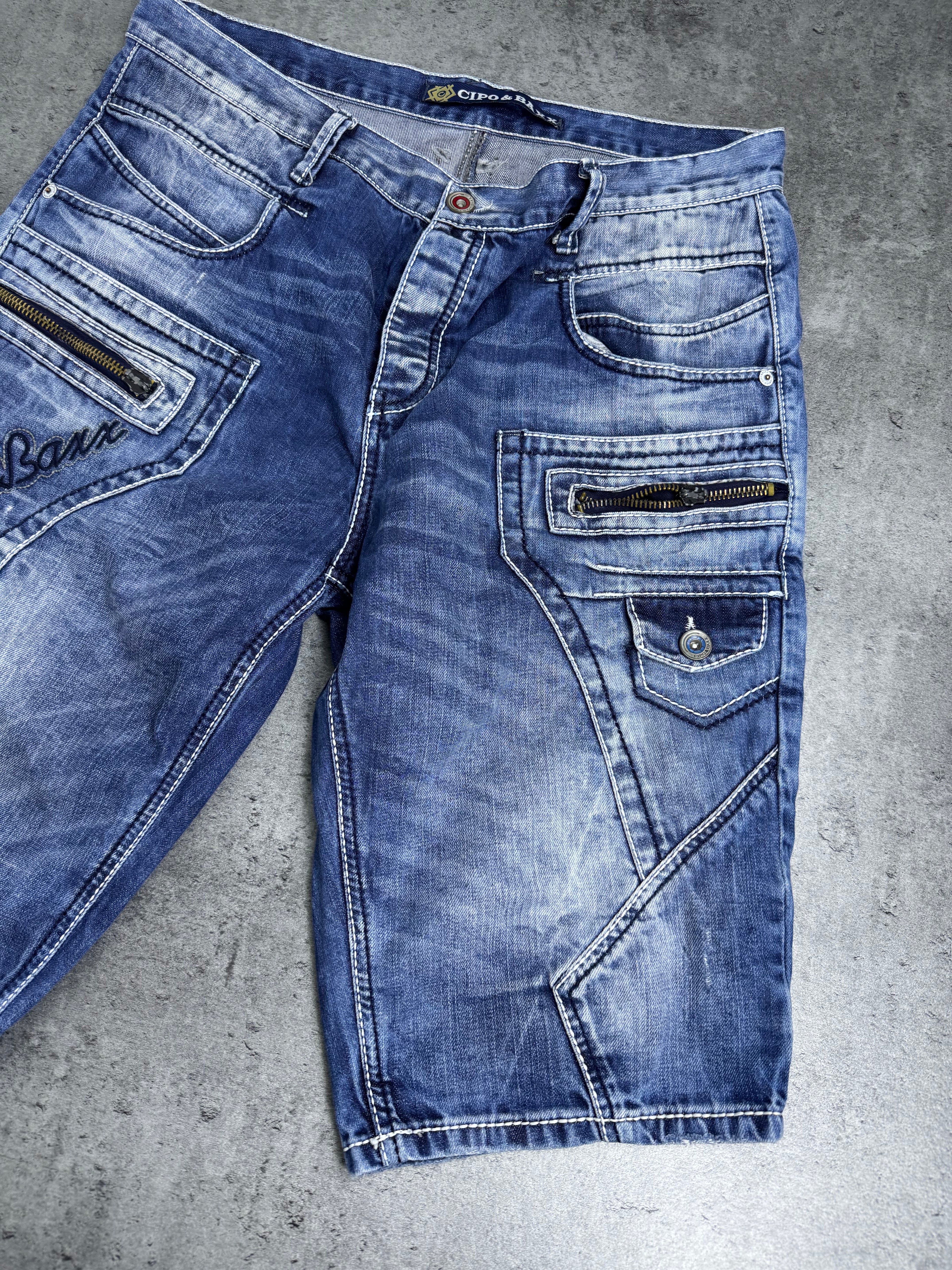 Cipo &amp; Baxx Denim Shorts Y2K Skater Biker Baggy Cargo Zip Jeans Jorts Vintage Biker